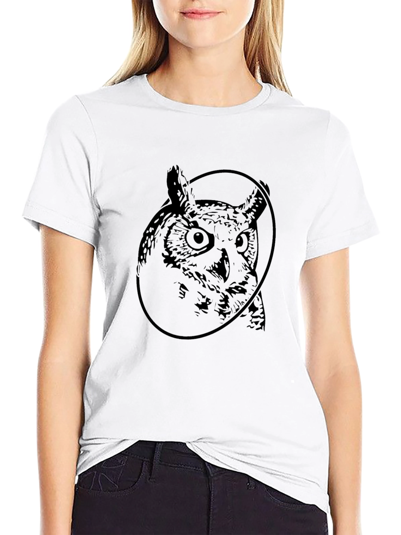 Owl Graphic Print Crew Neck Black T-Shirt
