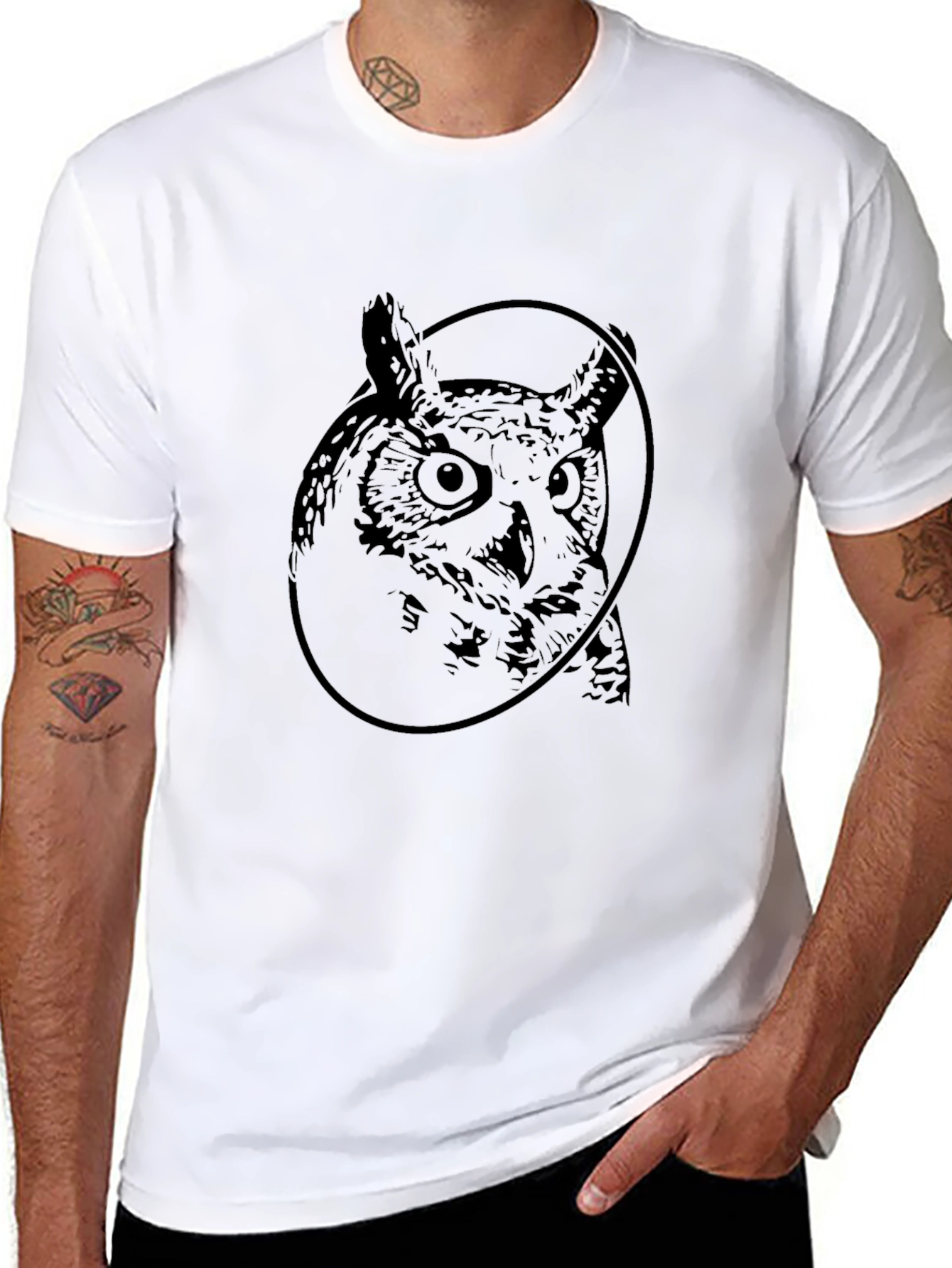 Owl Graphic Print Crew Neck Black T-Shirt