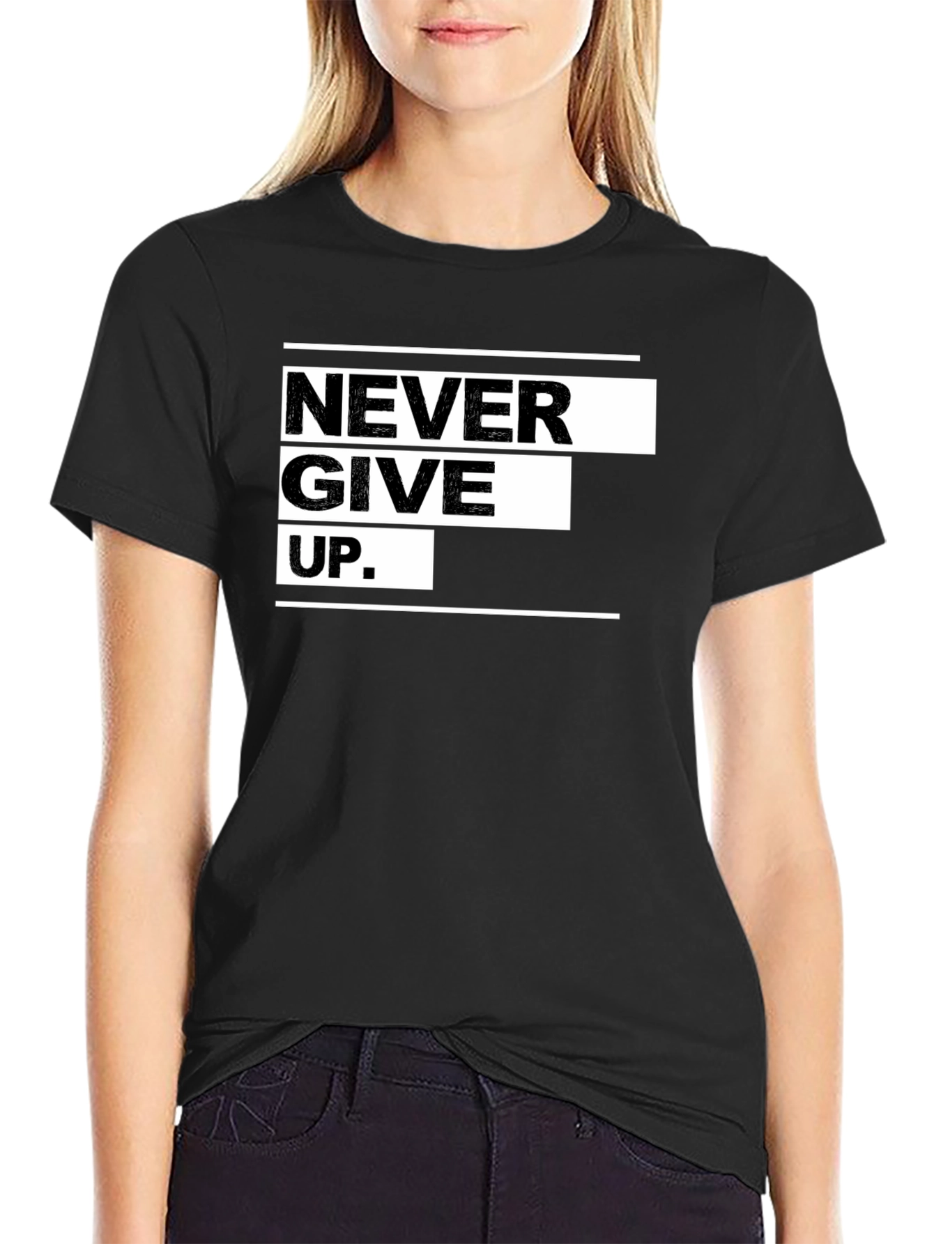 Never Give Up Graphic Black Tee - Motivational Apparel