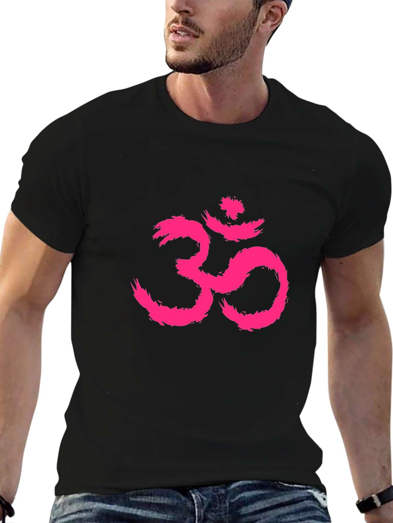 Mens Black T-Shirt with Pink Om Symbol