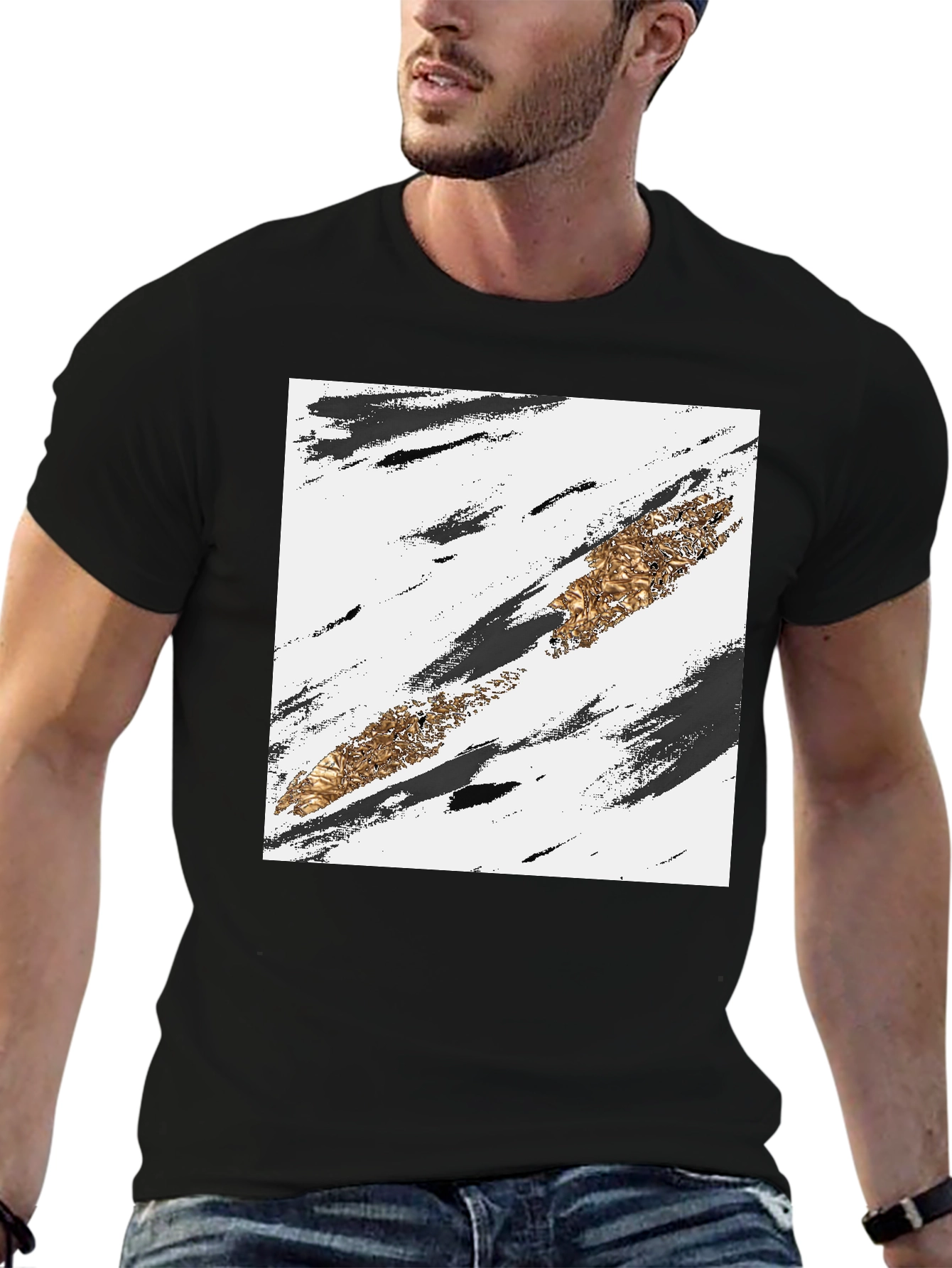 Abstract Gold Stripe Black T-Shirt