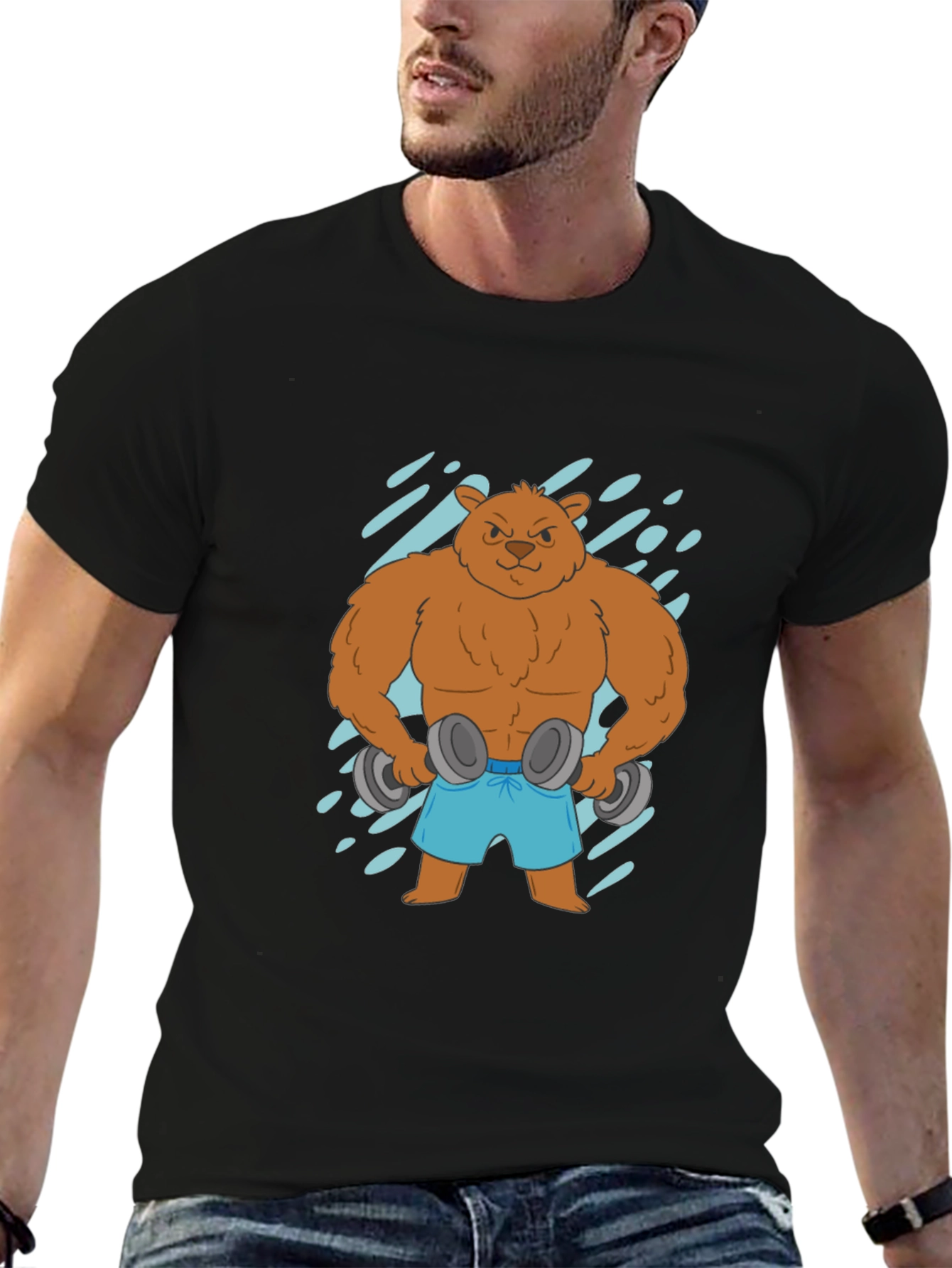Workout Bear Graphic Tee - Black Cotton T-Shirt