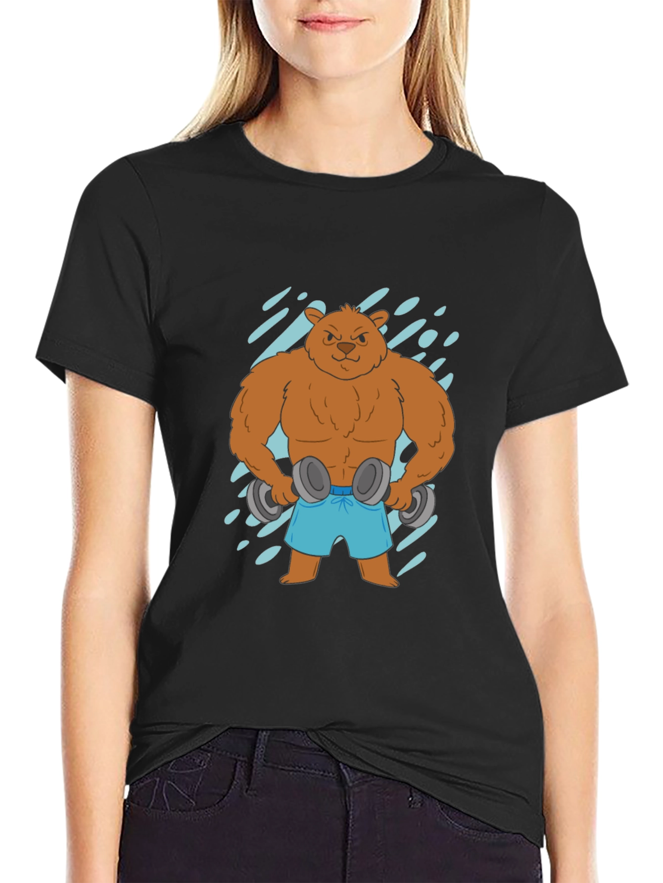 Workout Bear Graphic Tee - Black Cotton T-Shirt