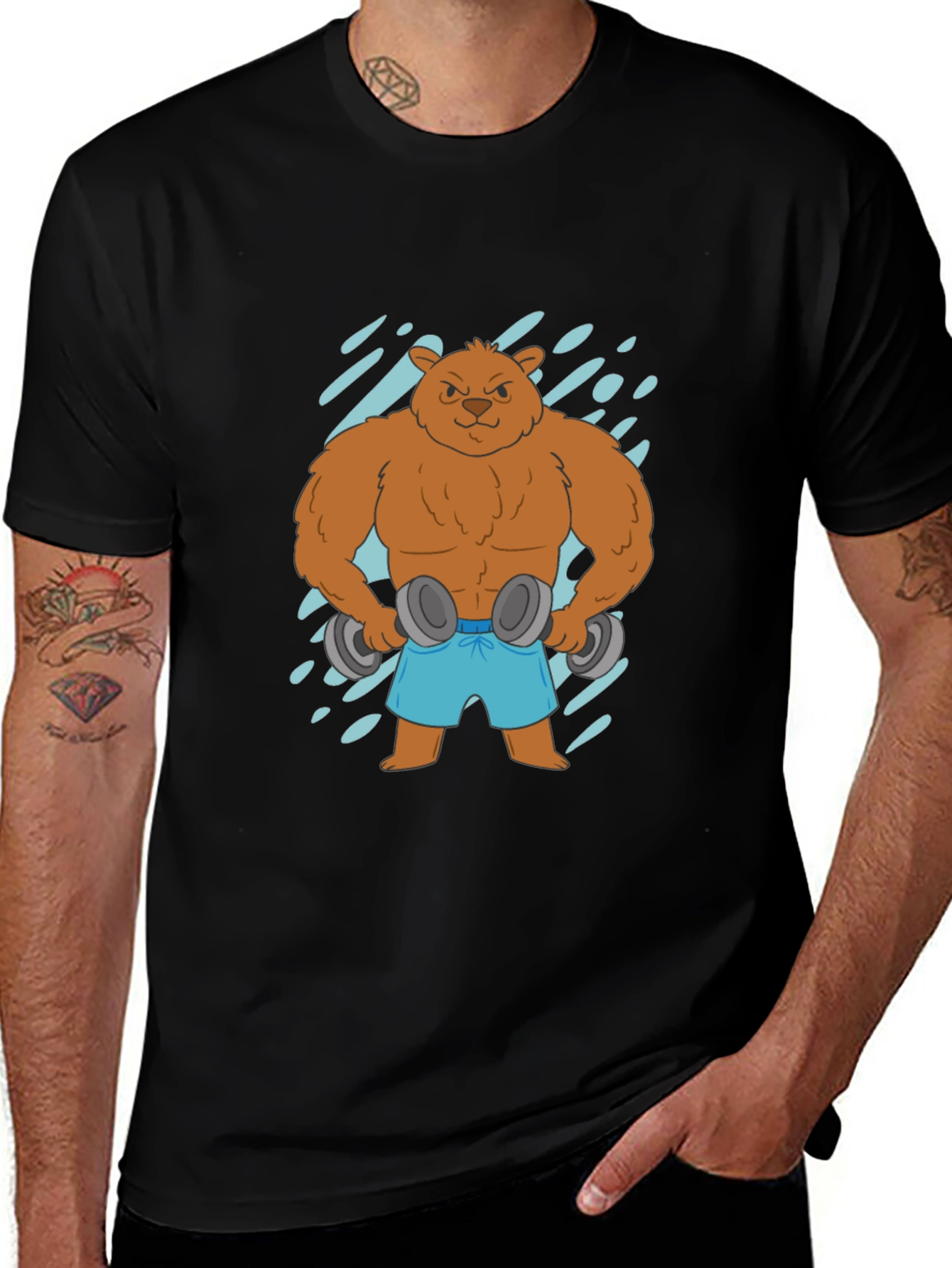 Workout Bear Graphic Tee - Black Cotton T-Shirt