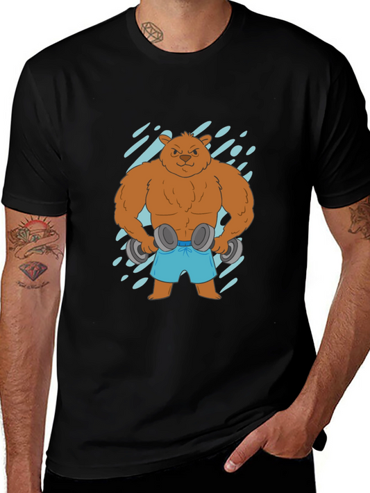 Workout Bear Graphic Tee - Black Cotton T-Shirt