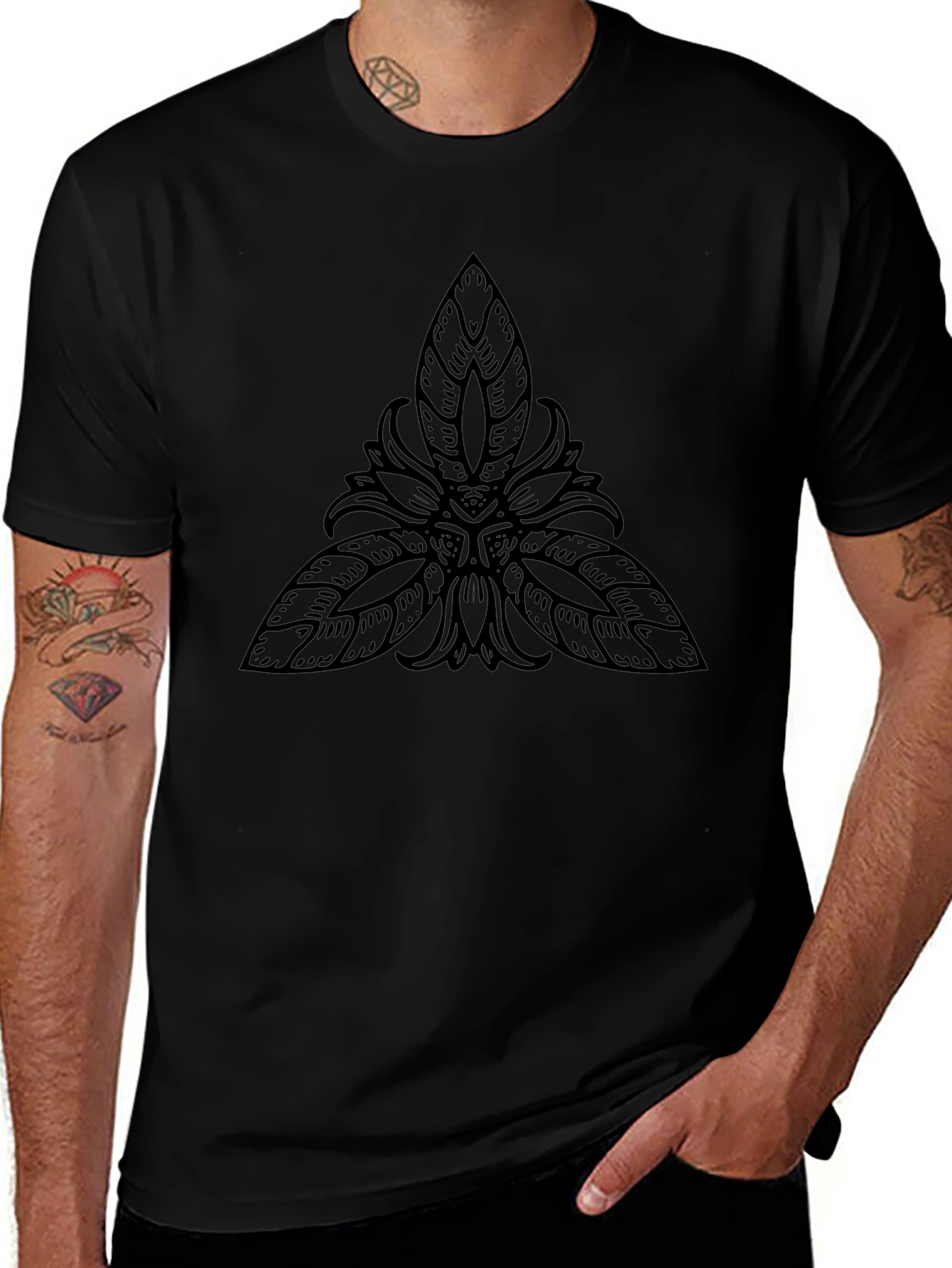 Black T-Shirt with Abstract Leaf Design