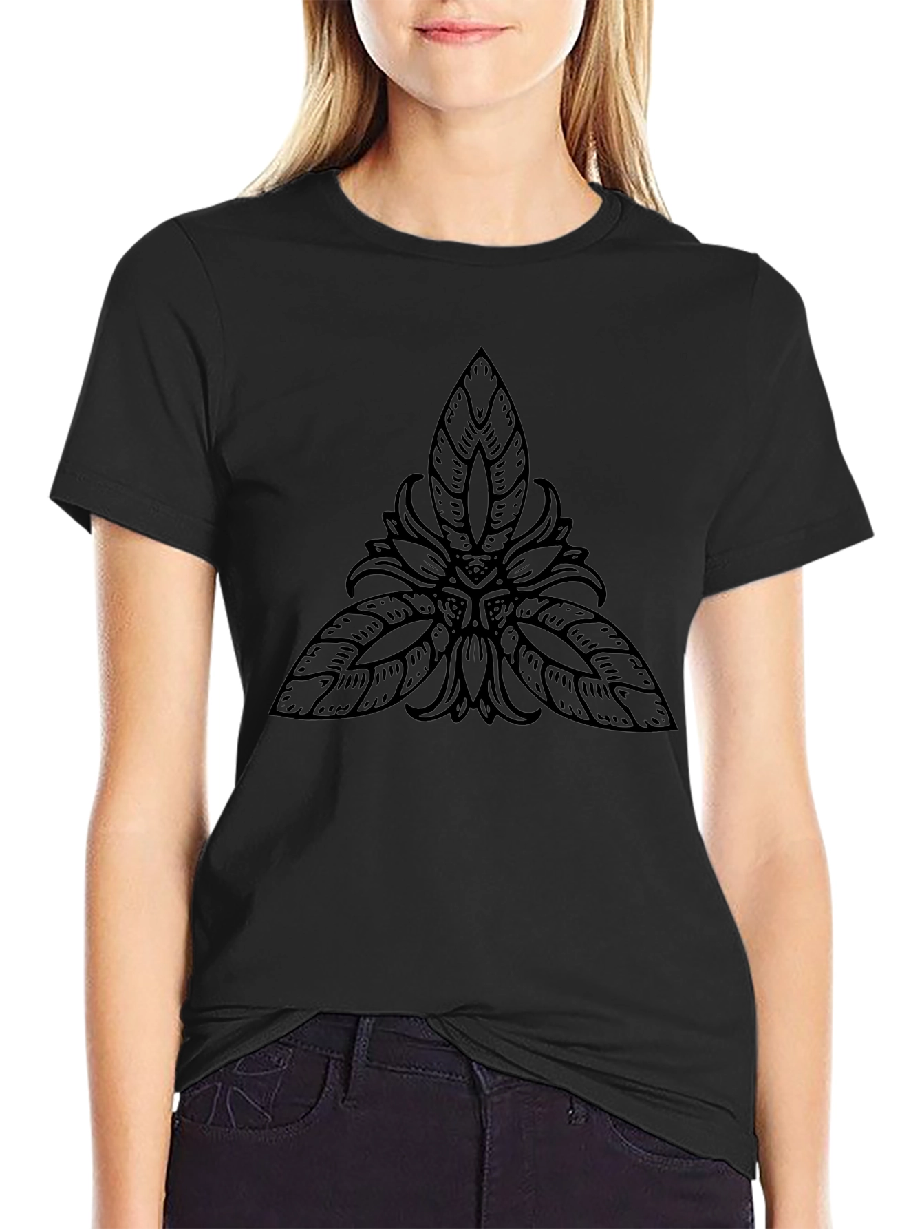 Black T-Shirt with Abstract Leaf Design