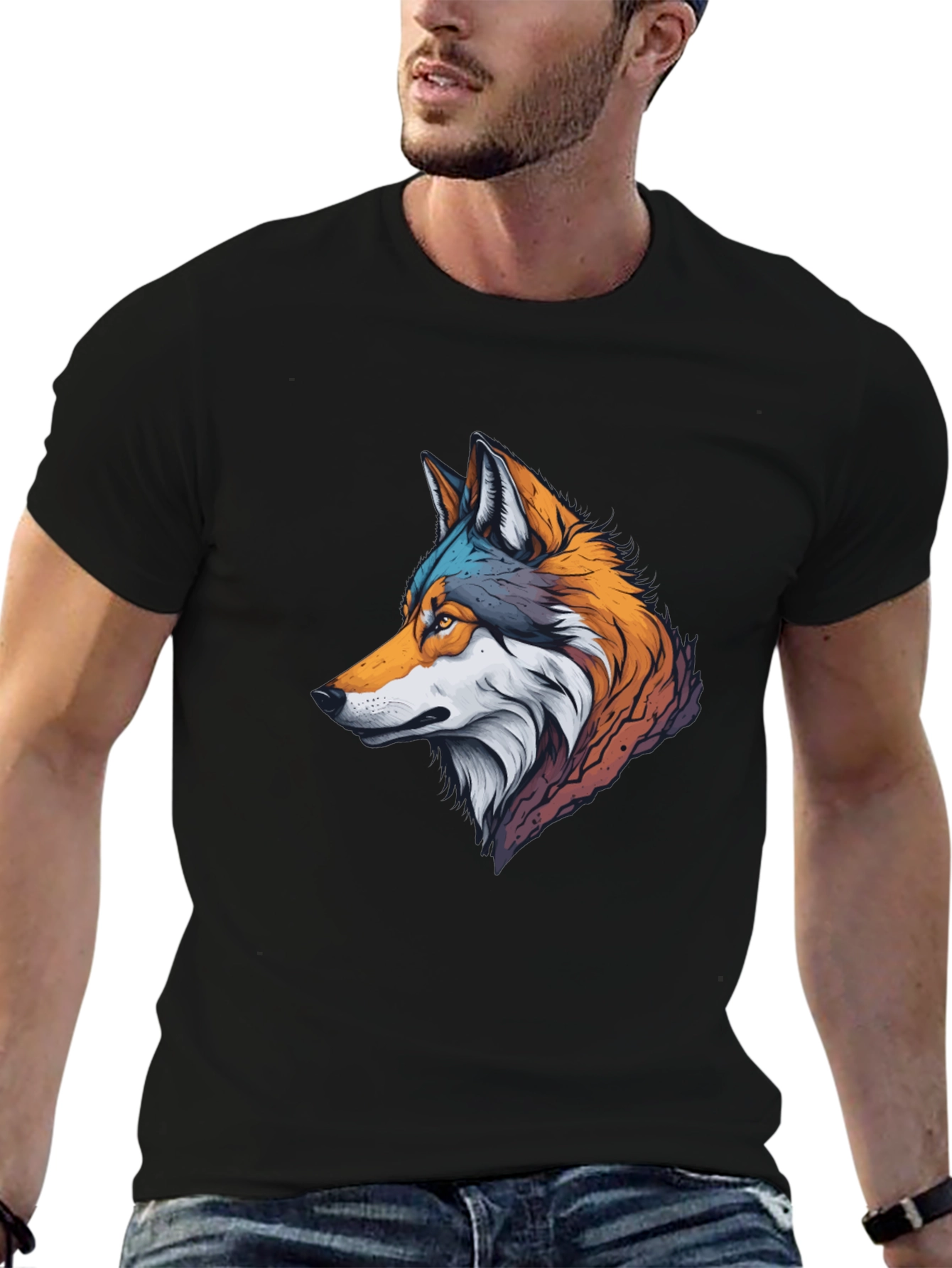 Stylish Wolf Graphic Black T-Shirt