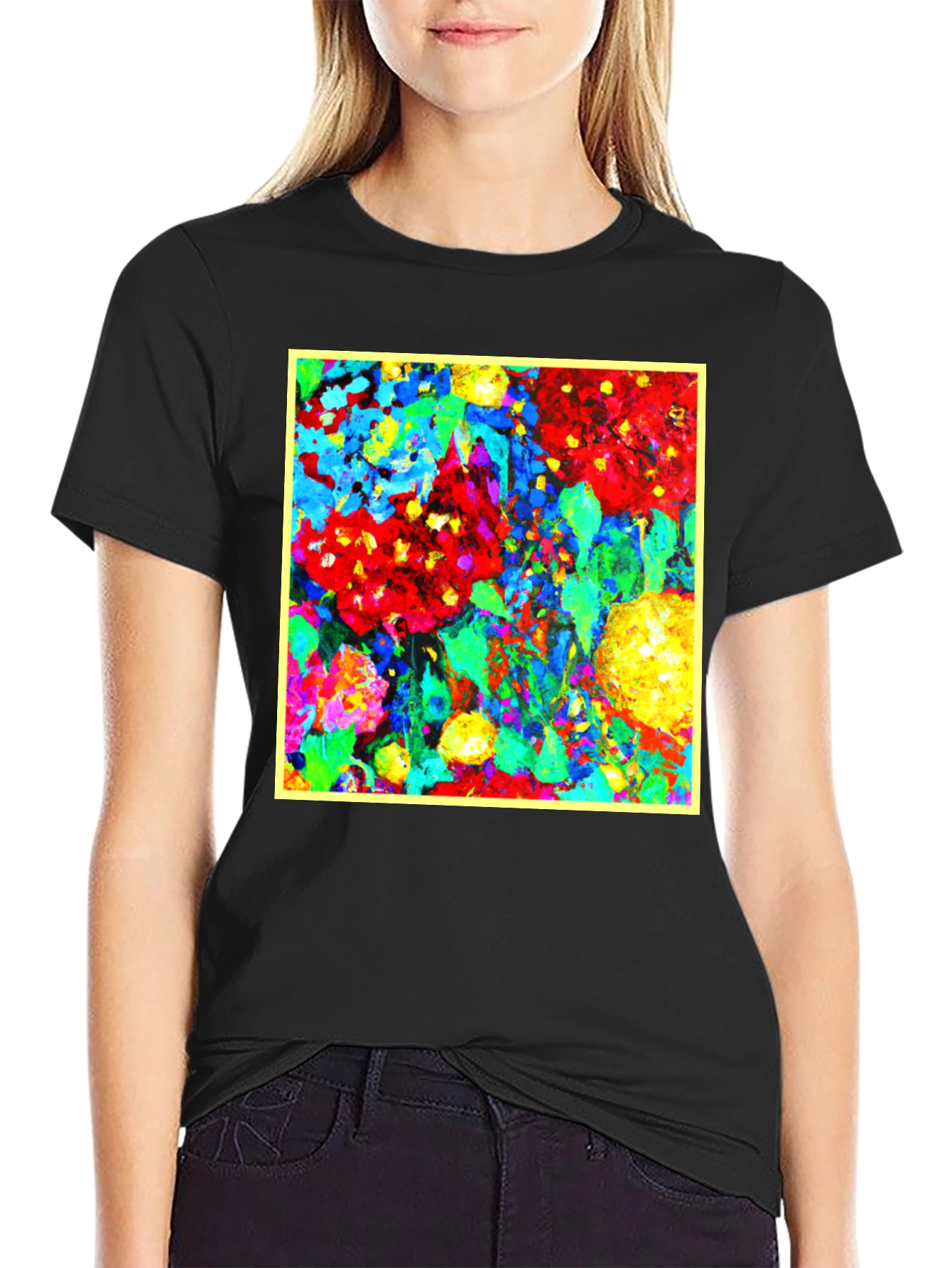 Bold Abstract Floral Art Black T-Shirt