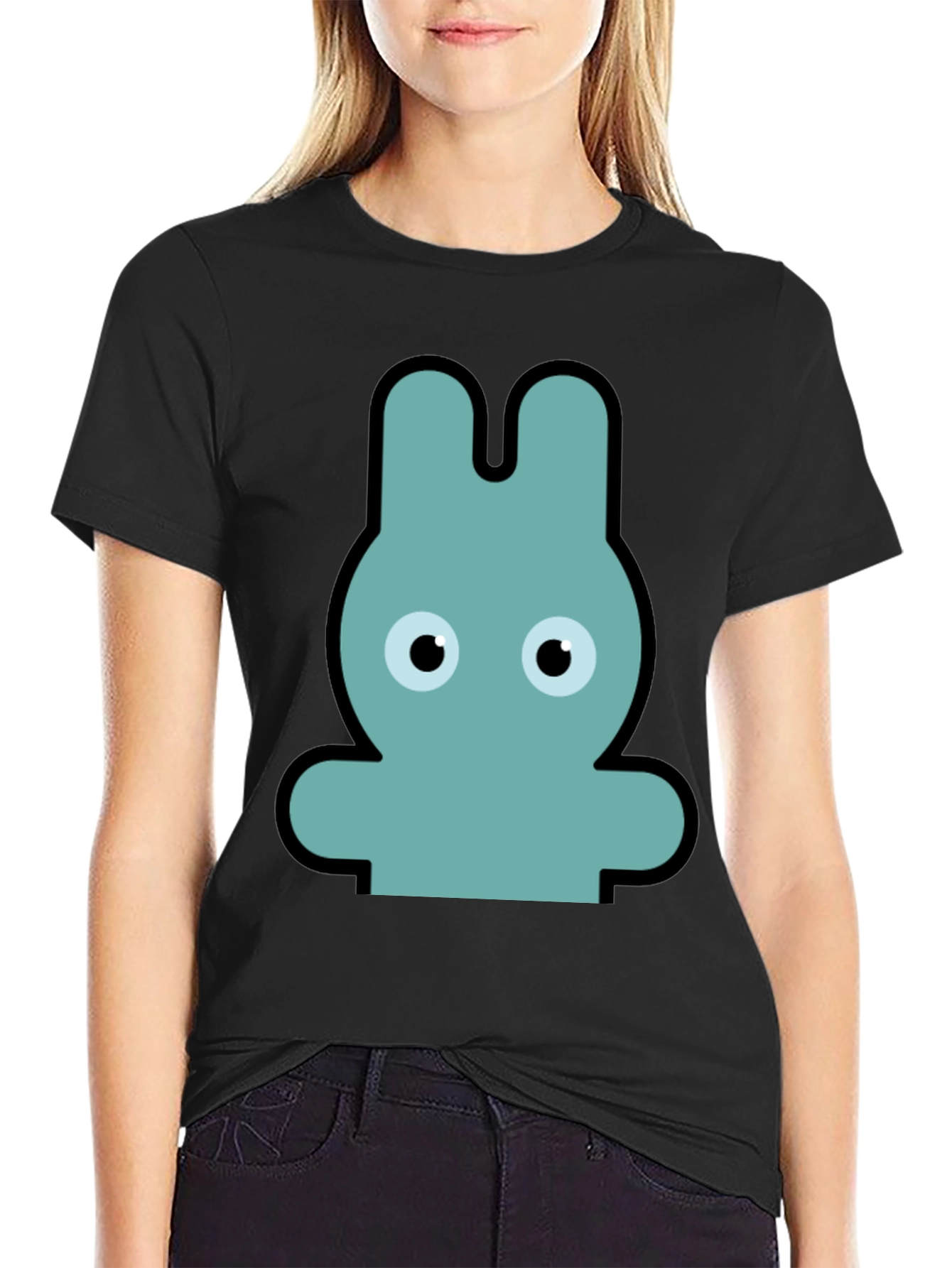 Cartoon Rabbit Graphic Print Black T-Shirt