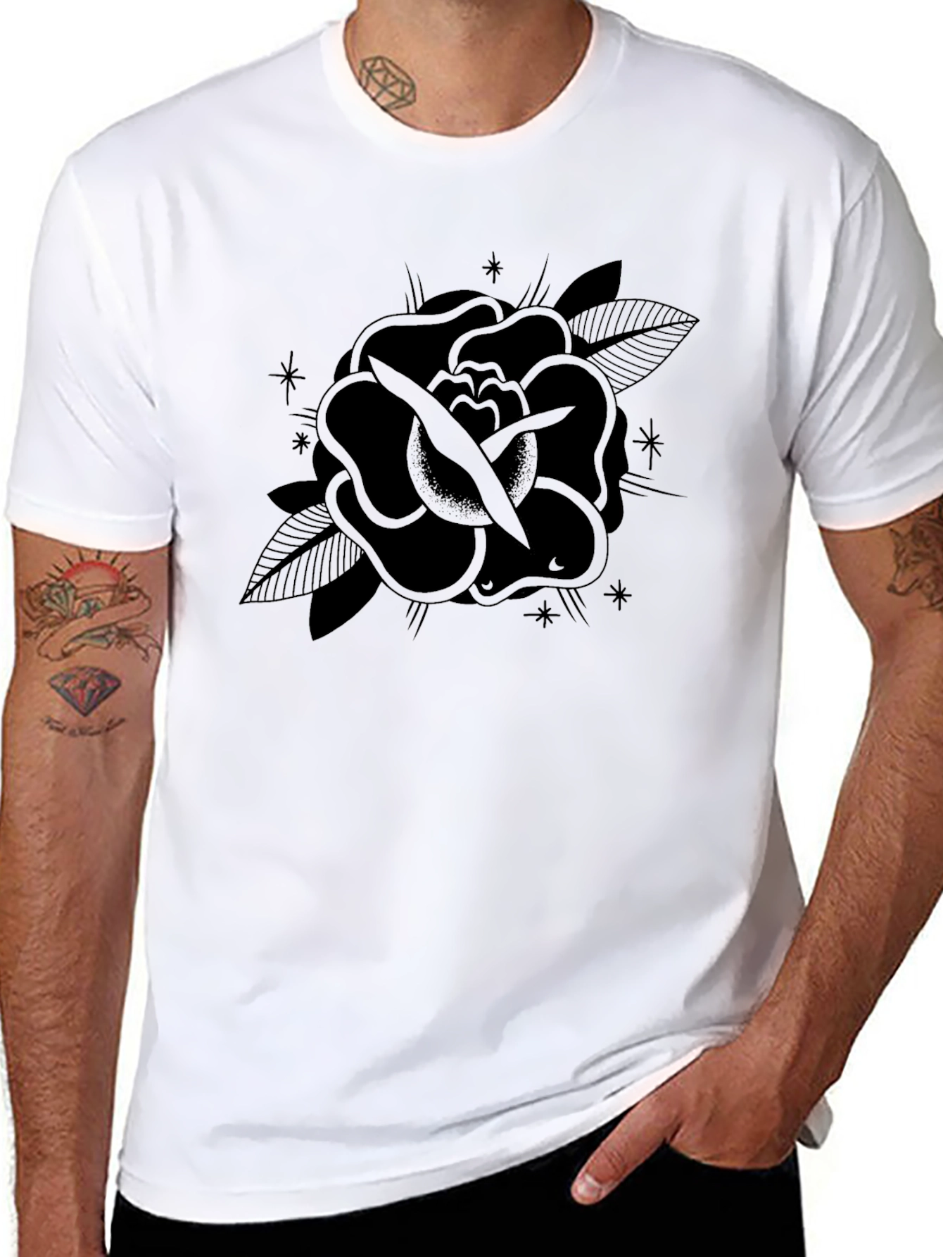 Black Rose Tattoo Graphic Tee - Mens Casual Shirt