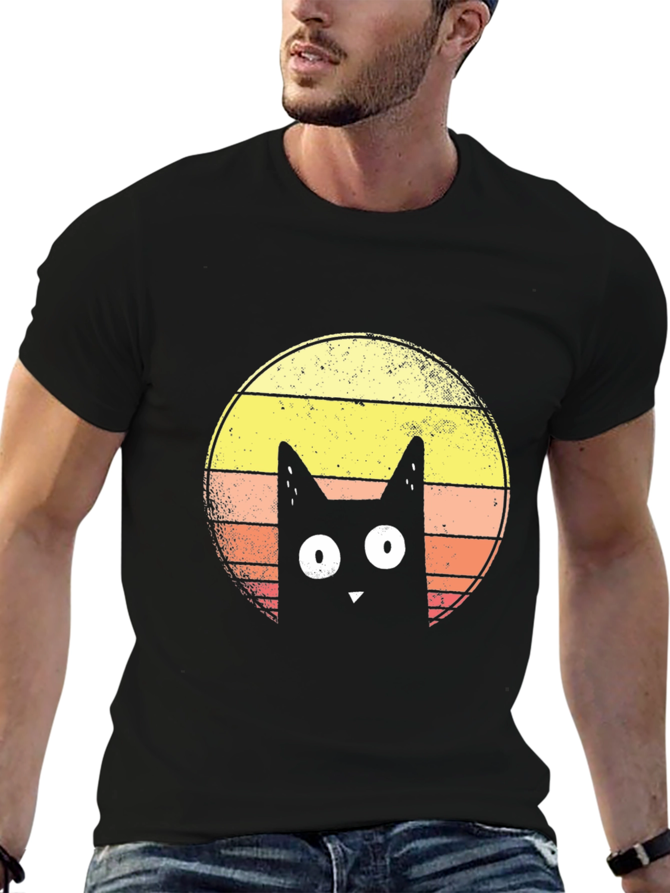 Retro Cat Graphic T-Shirt - Mens Black Tee