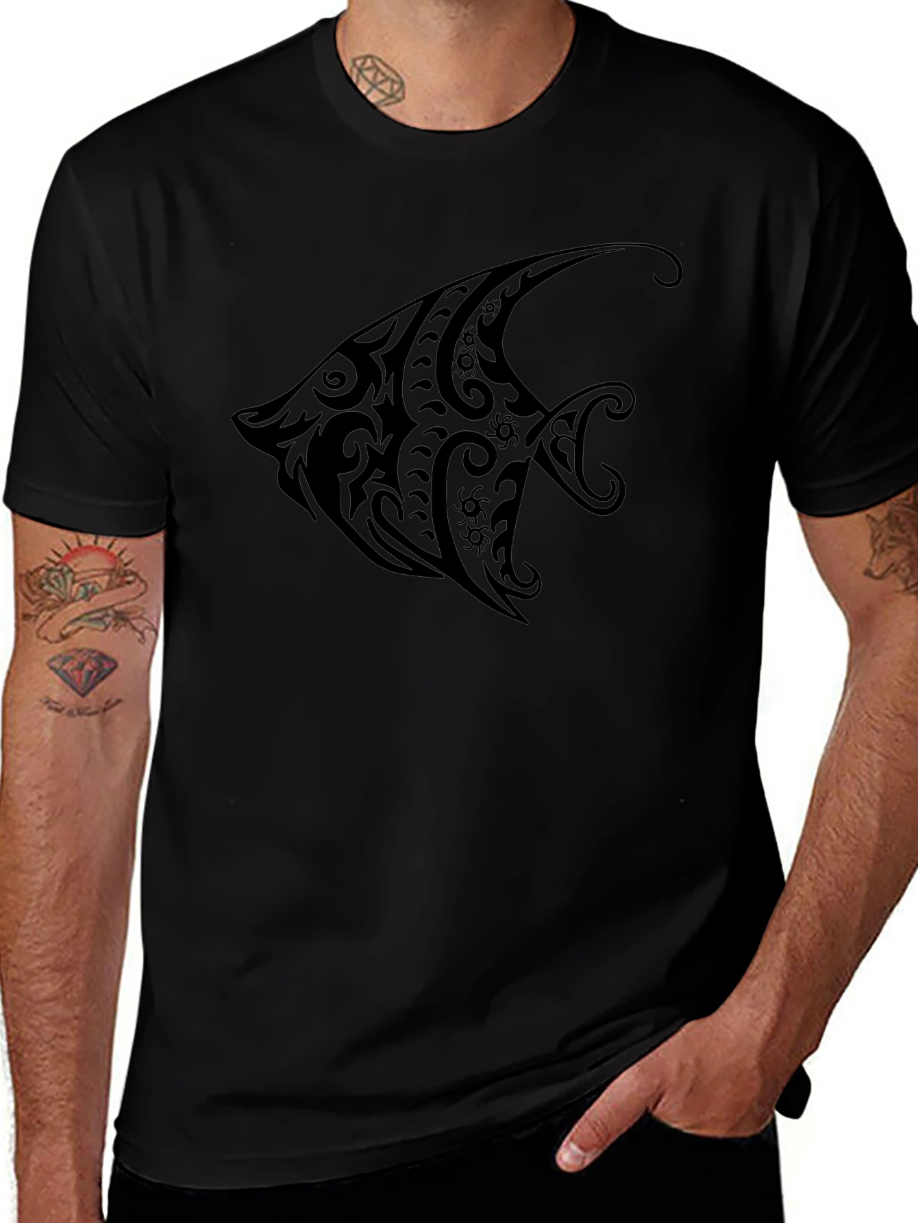 Tribal Fish Graphic Black T-Shirt - Casual Style