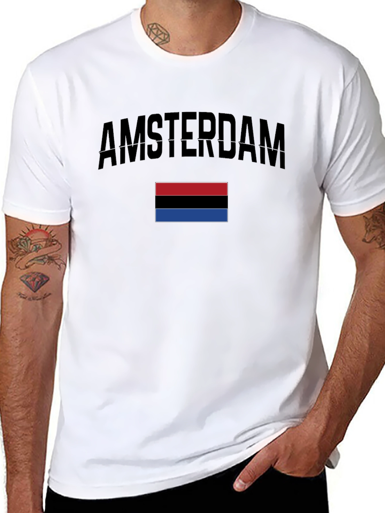 Amsterdam Black T-Shirt with Red Black & Blue Stripes