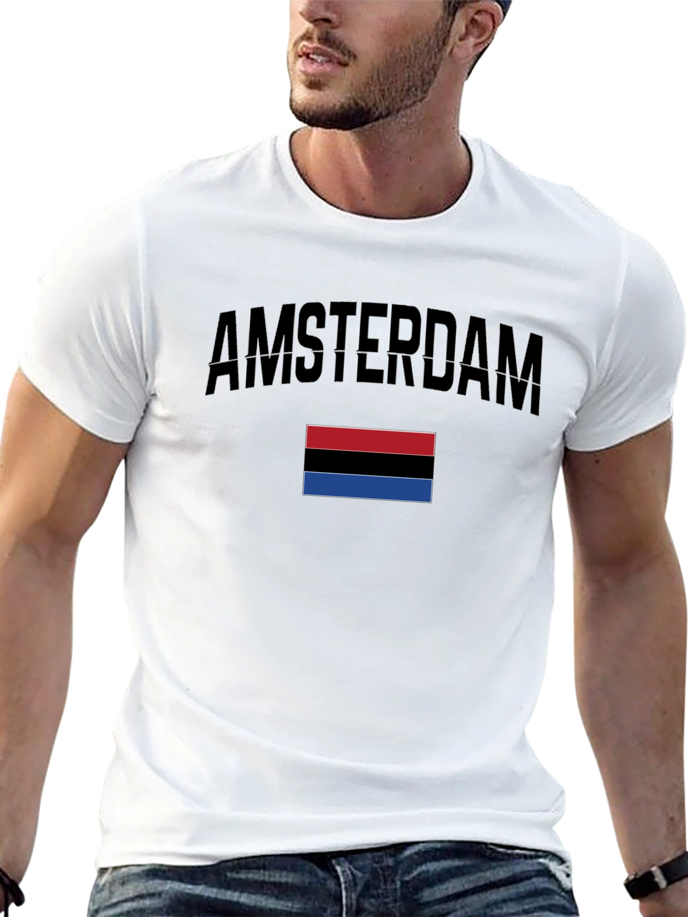 Amsterdam Black T-Shirt with Red Black & Blue Stripes
