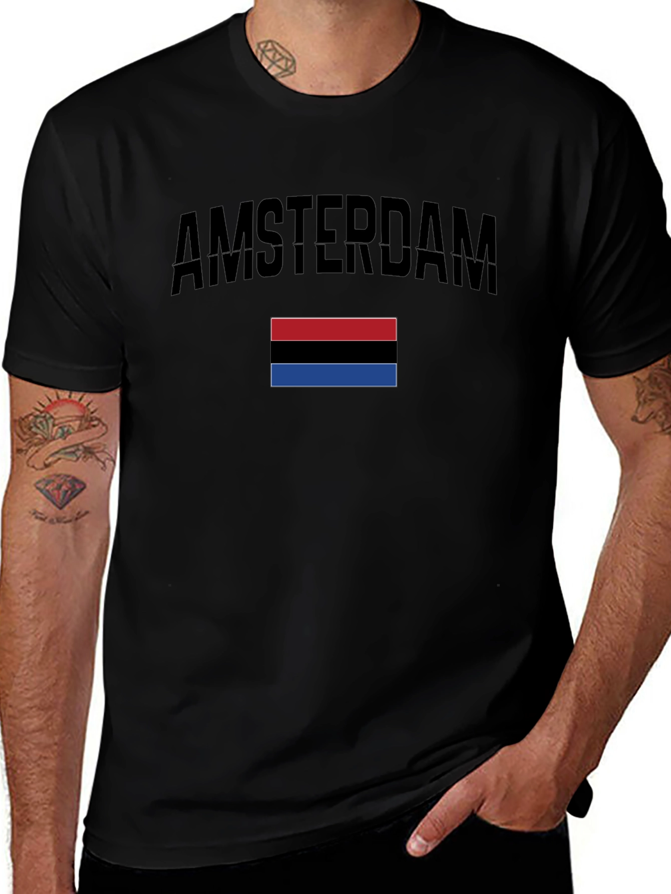 Amsterdam Black T-Shirt with Red Black & Blue Stripes