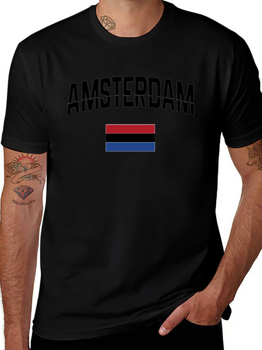 Amsterdam Black T-Shirt with Red Black & Blue Stripes