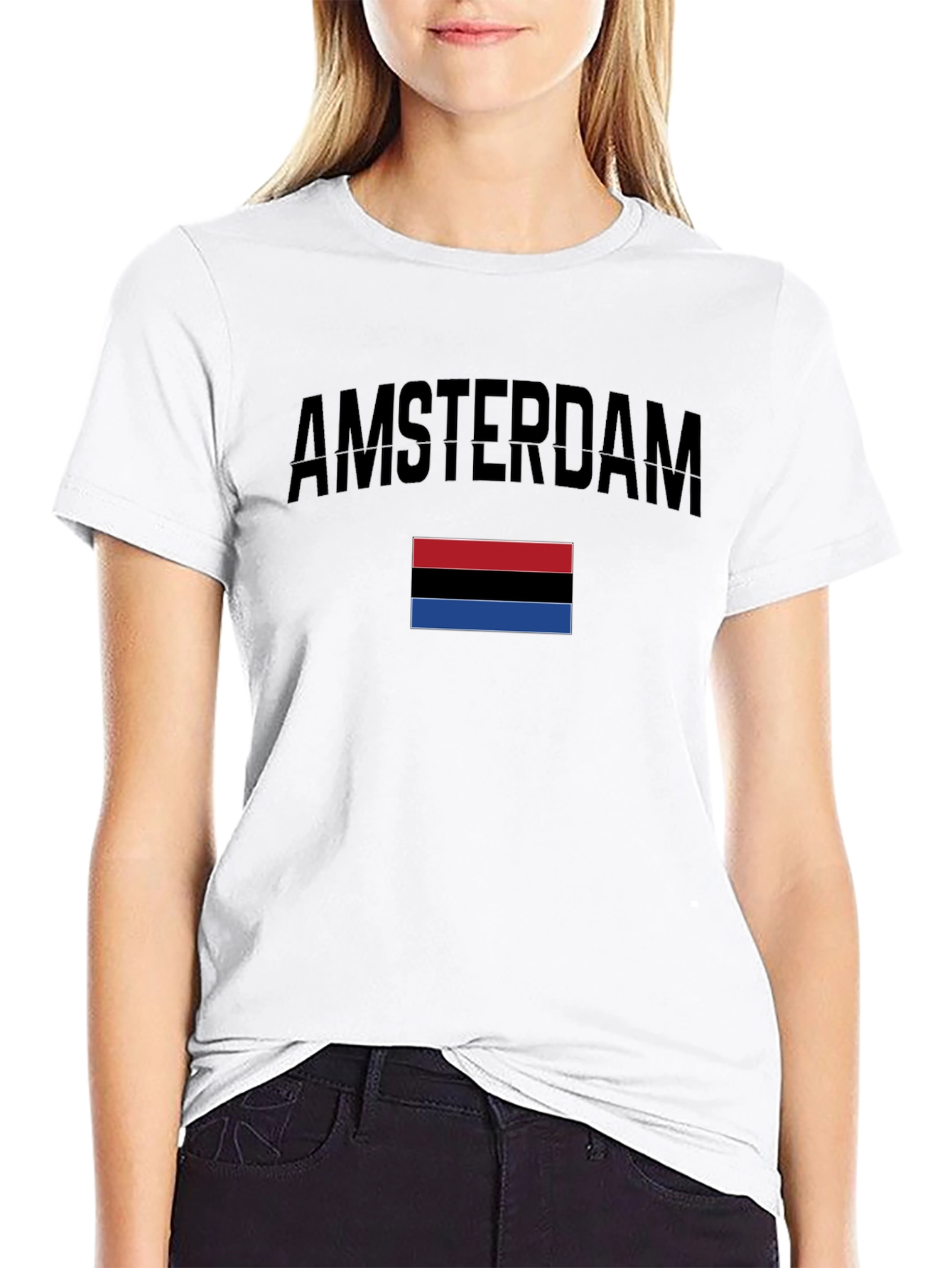 Amsterdam Black T-Shirt with Red Black & Blue Stripes