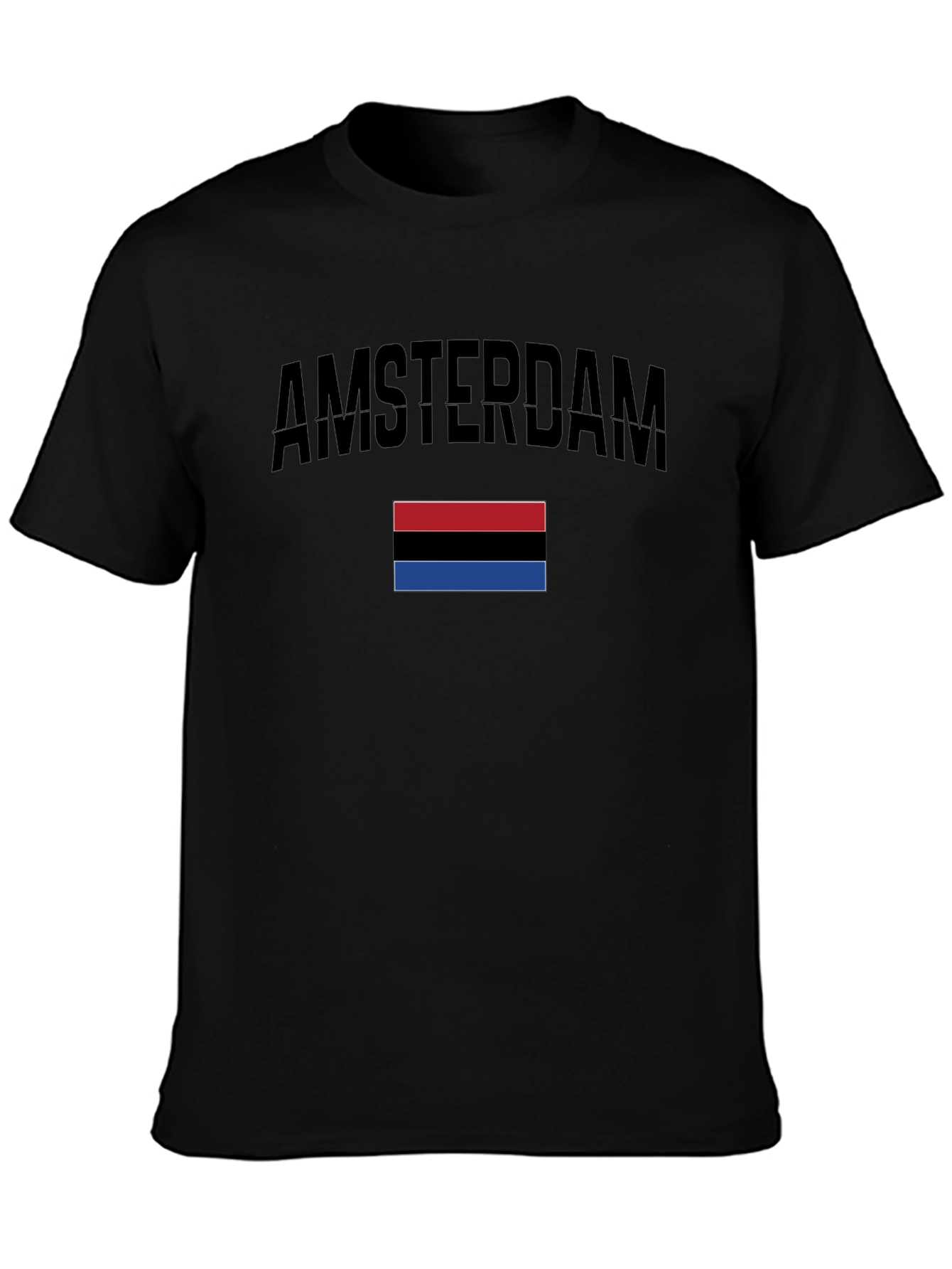 Amsterdam Black T-Shirt with Red Black & Blue Stripes