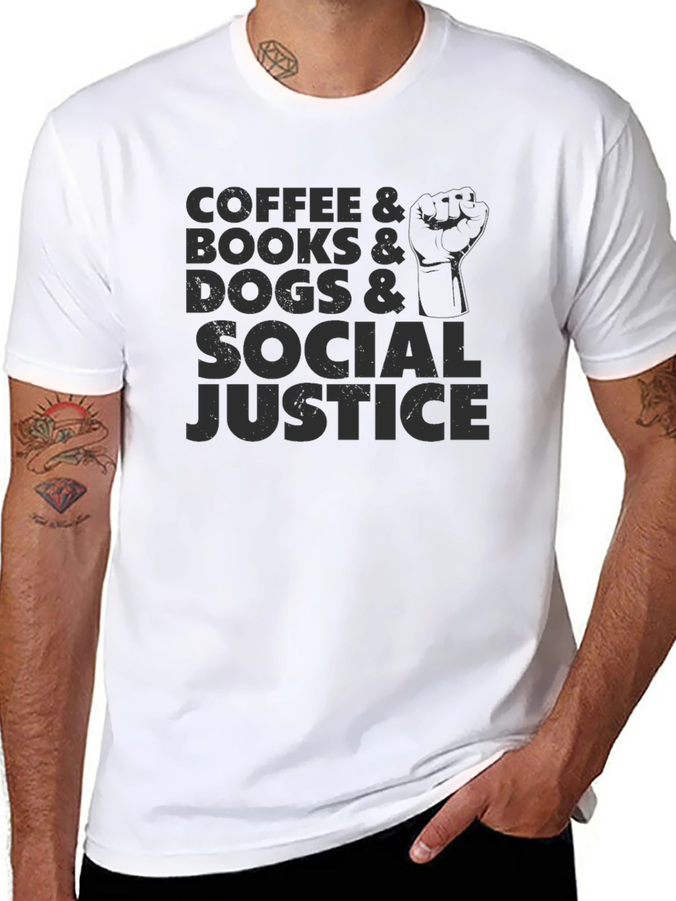 Coffee Books Dogs Social Justice Black Tee