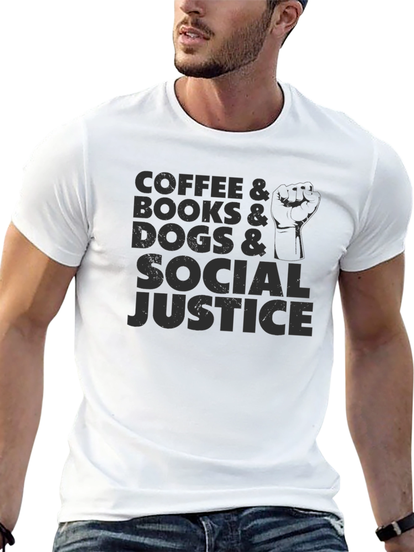 Coffee Books Dogs Social Justice Black Tee