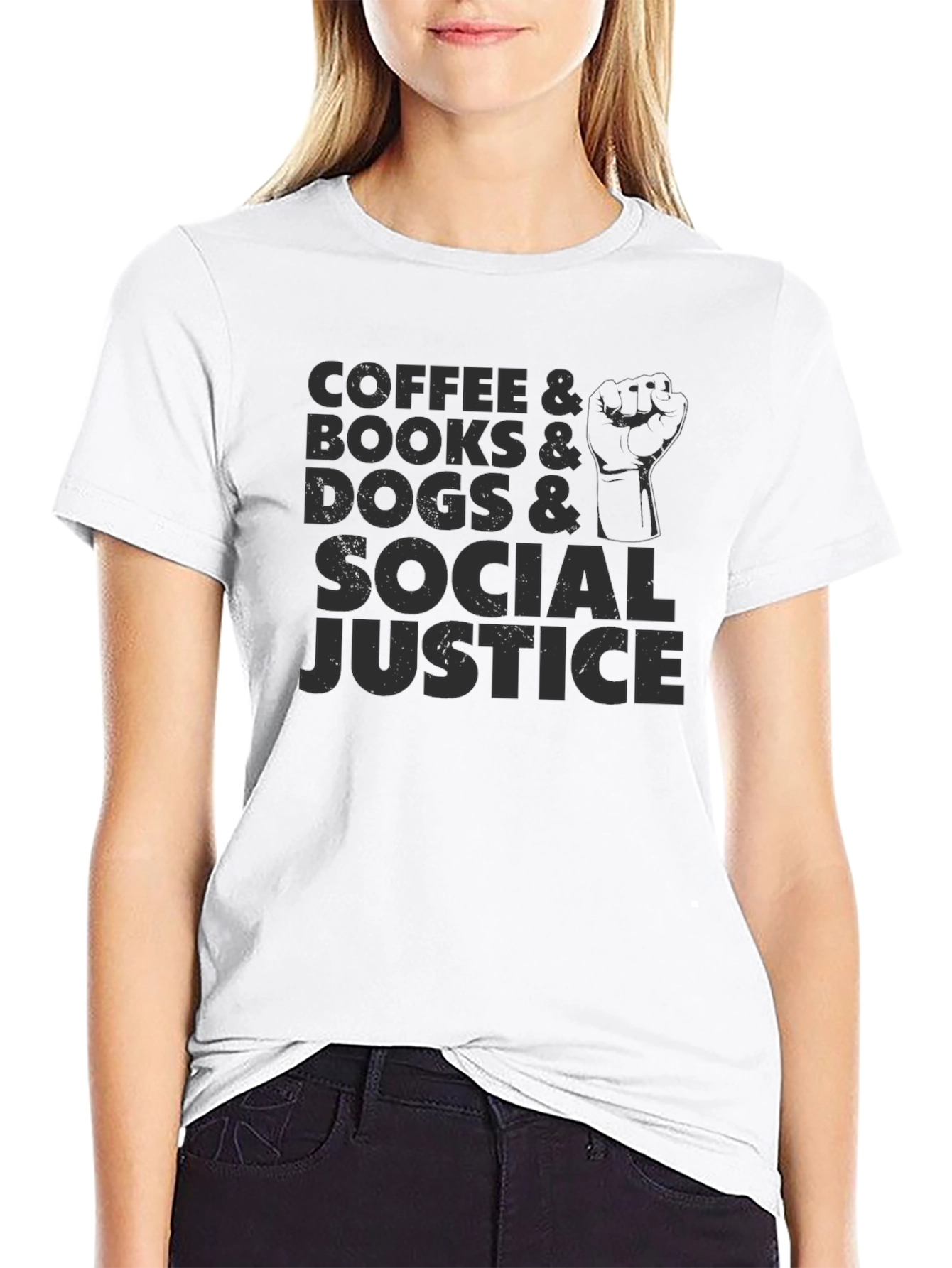 Coffee Books Dogs Social Justice Black Tee