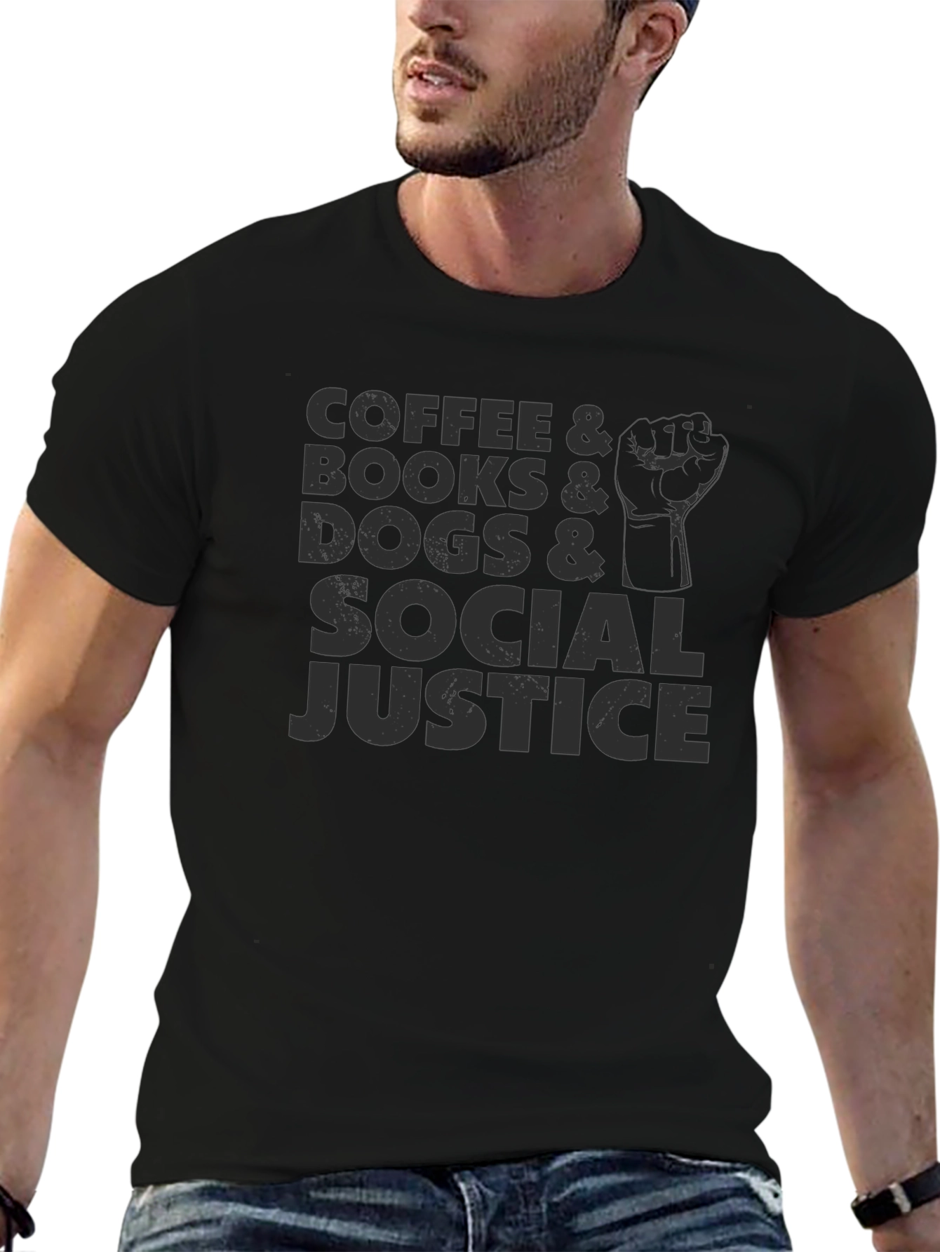 Coffee Books Dogs Social Justice Black Tee