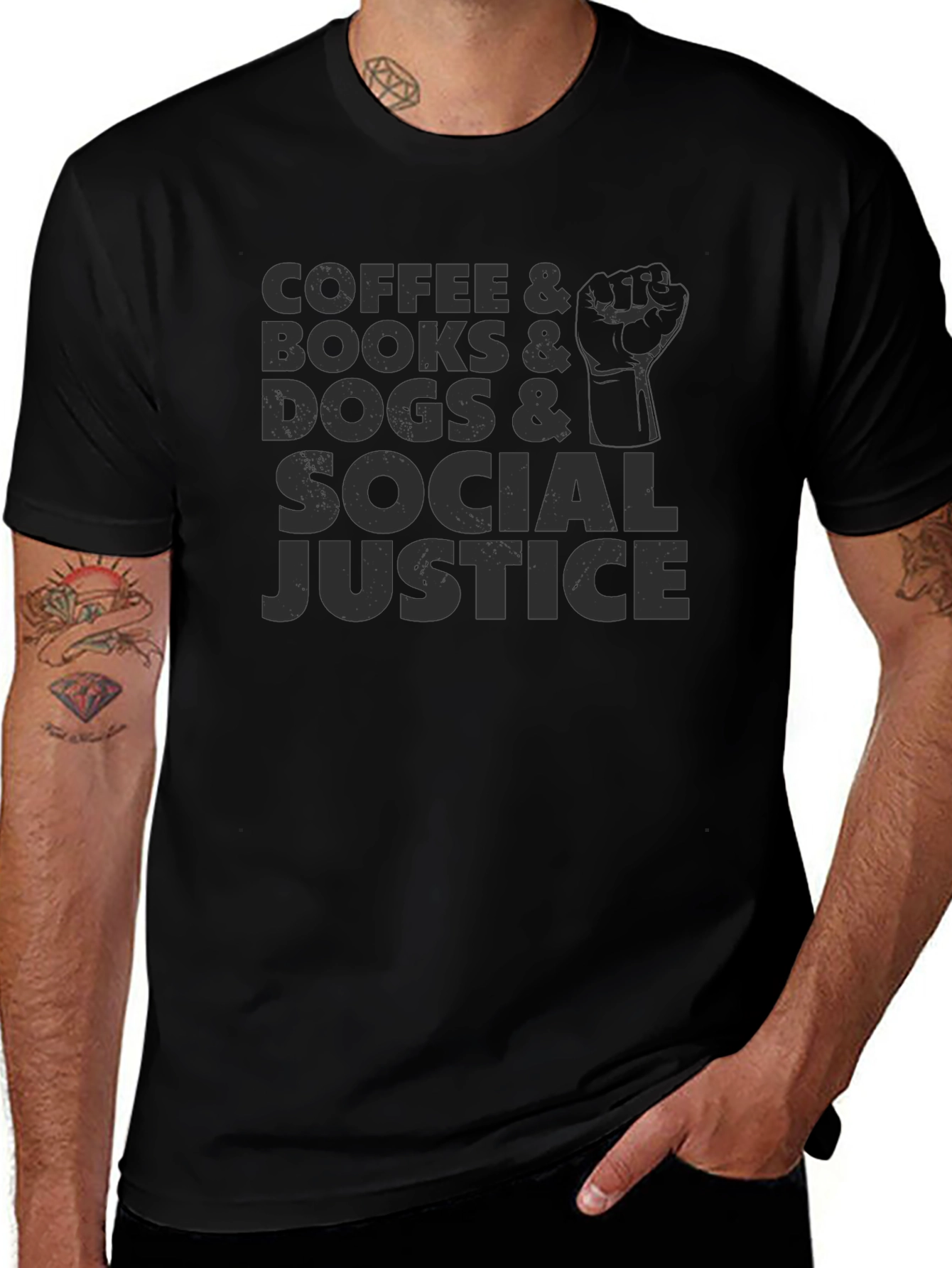 Coffee Books Dogs Social Justice Black Tee