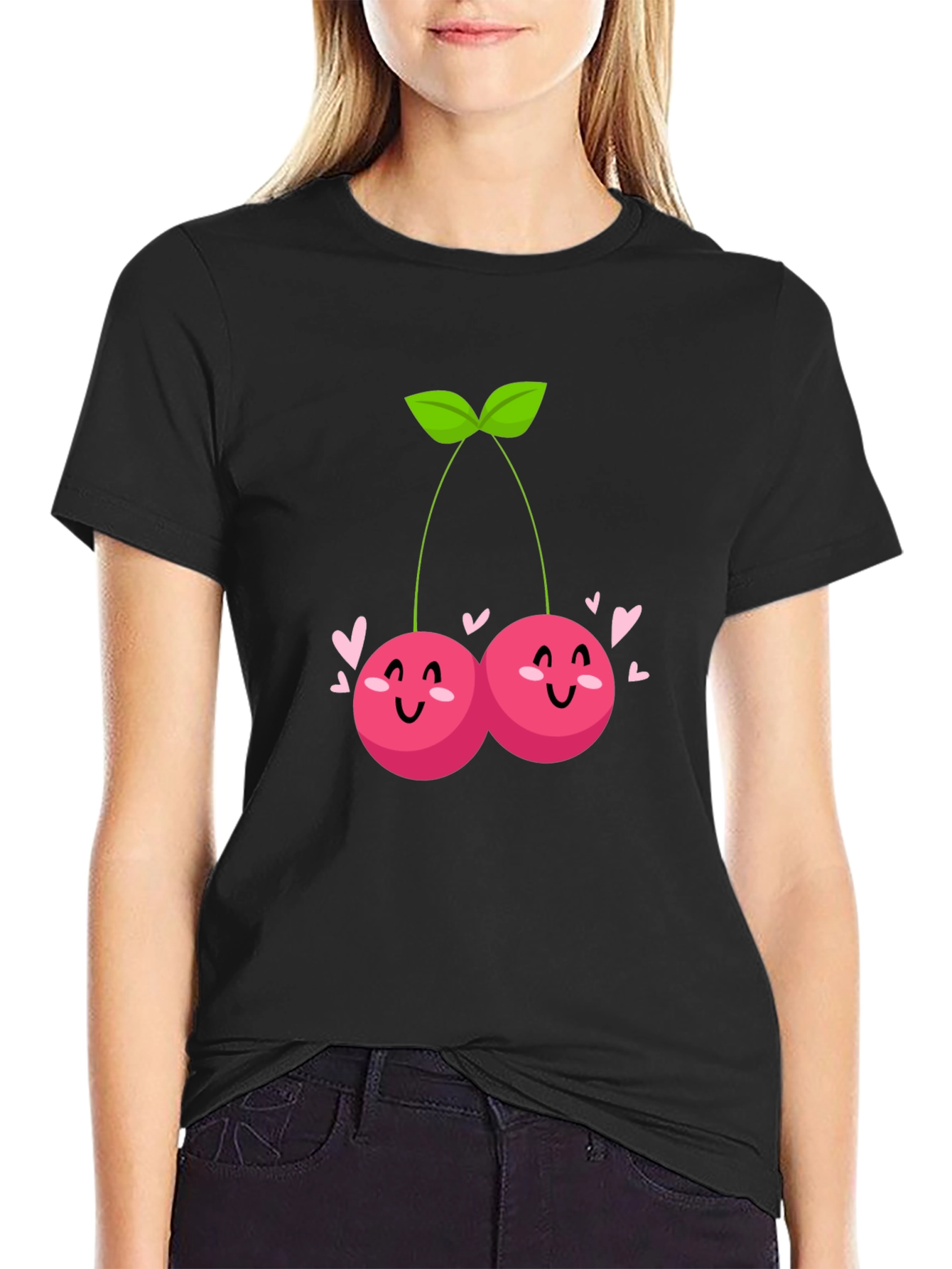 Cute Cherry Graphic Tee - Trendy Black T-Shirt