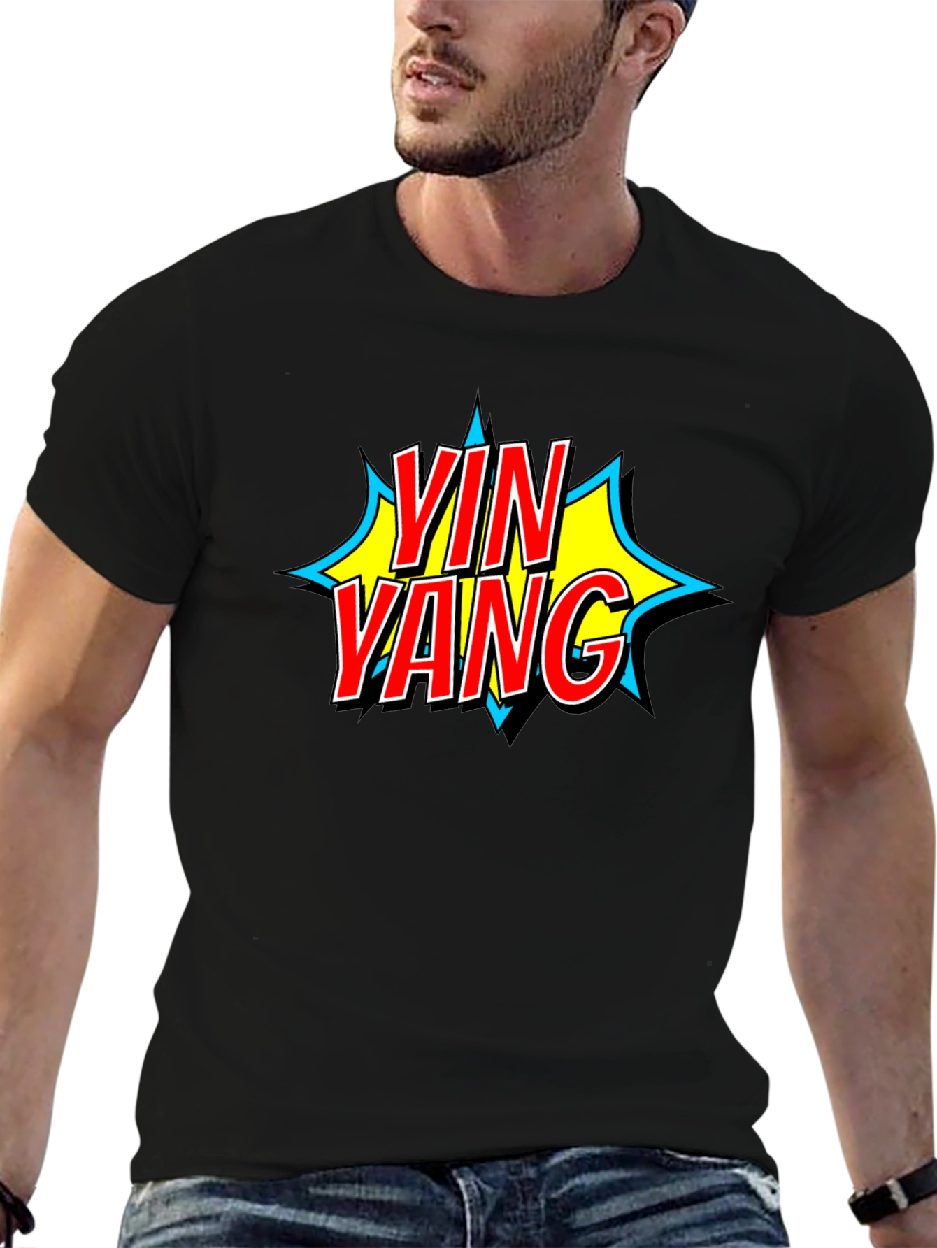 Yin Yang Comic Style Graphic T-Shirt - Black