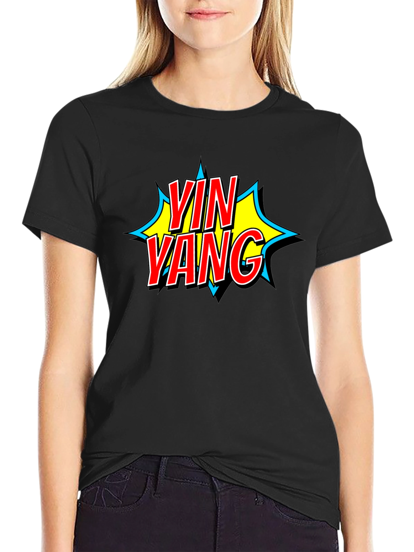 Yin Yang Comic Style Graphic T-Shirt - Black