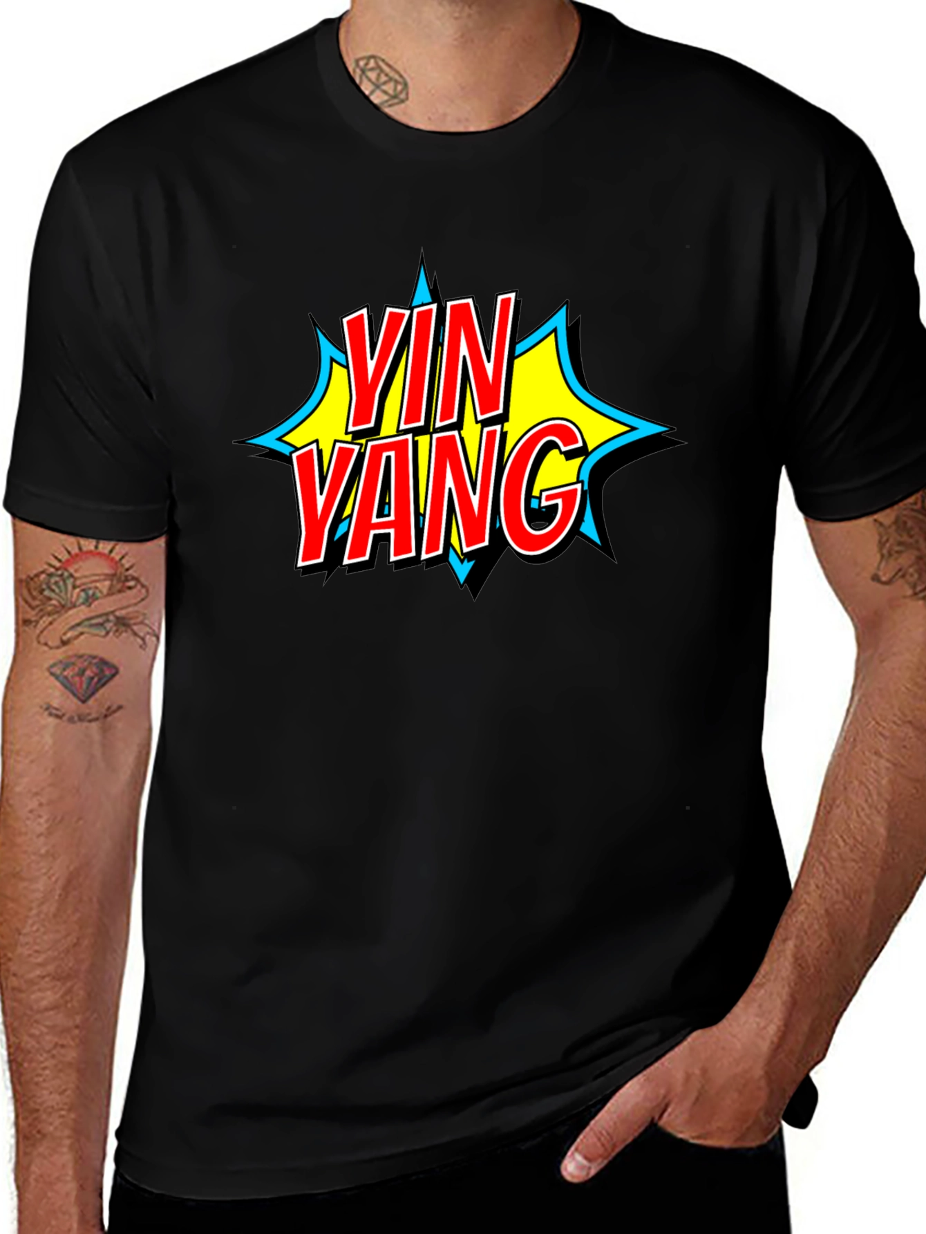 Yin Yang Comic Style Graphic T-Shirt - Black