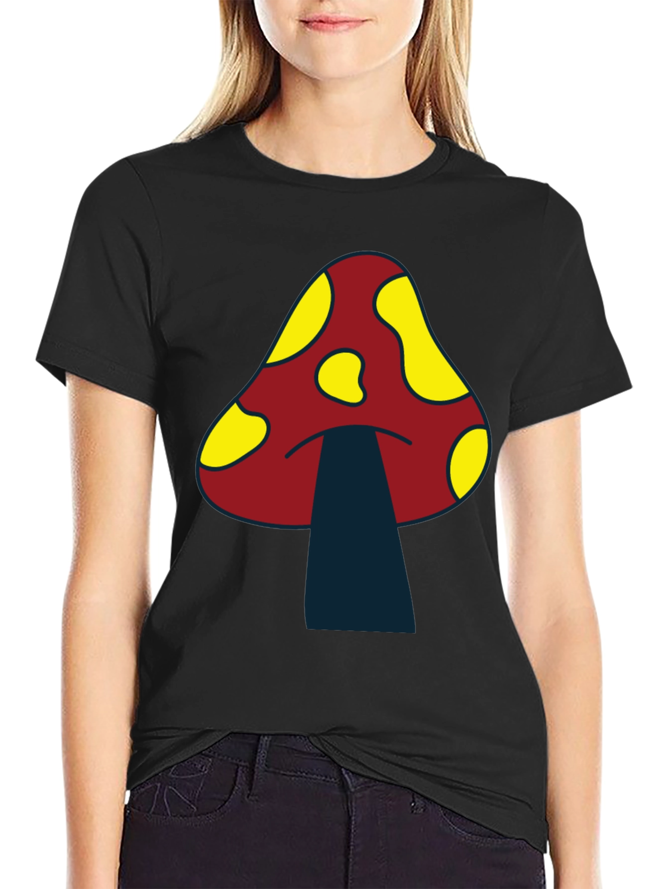 Funky Mushroom Graphic Tee - Black Cotton T-Shirt