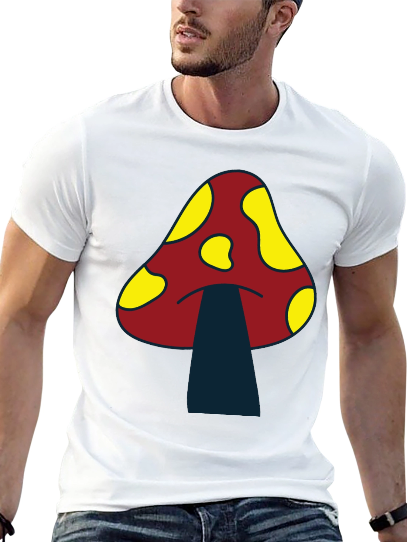 Funky Mushroom Graphic Tee - Black Cotton T-Shirt