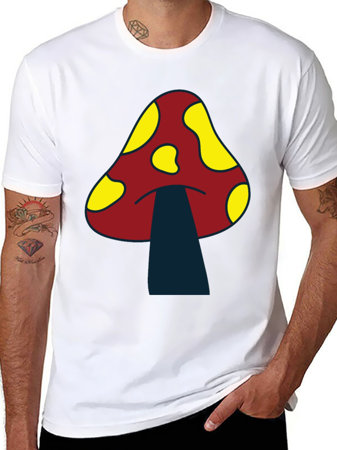Funky Mushroom Graphic Tee - Black Cotton T-Shirt