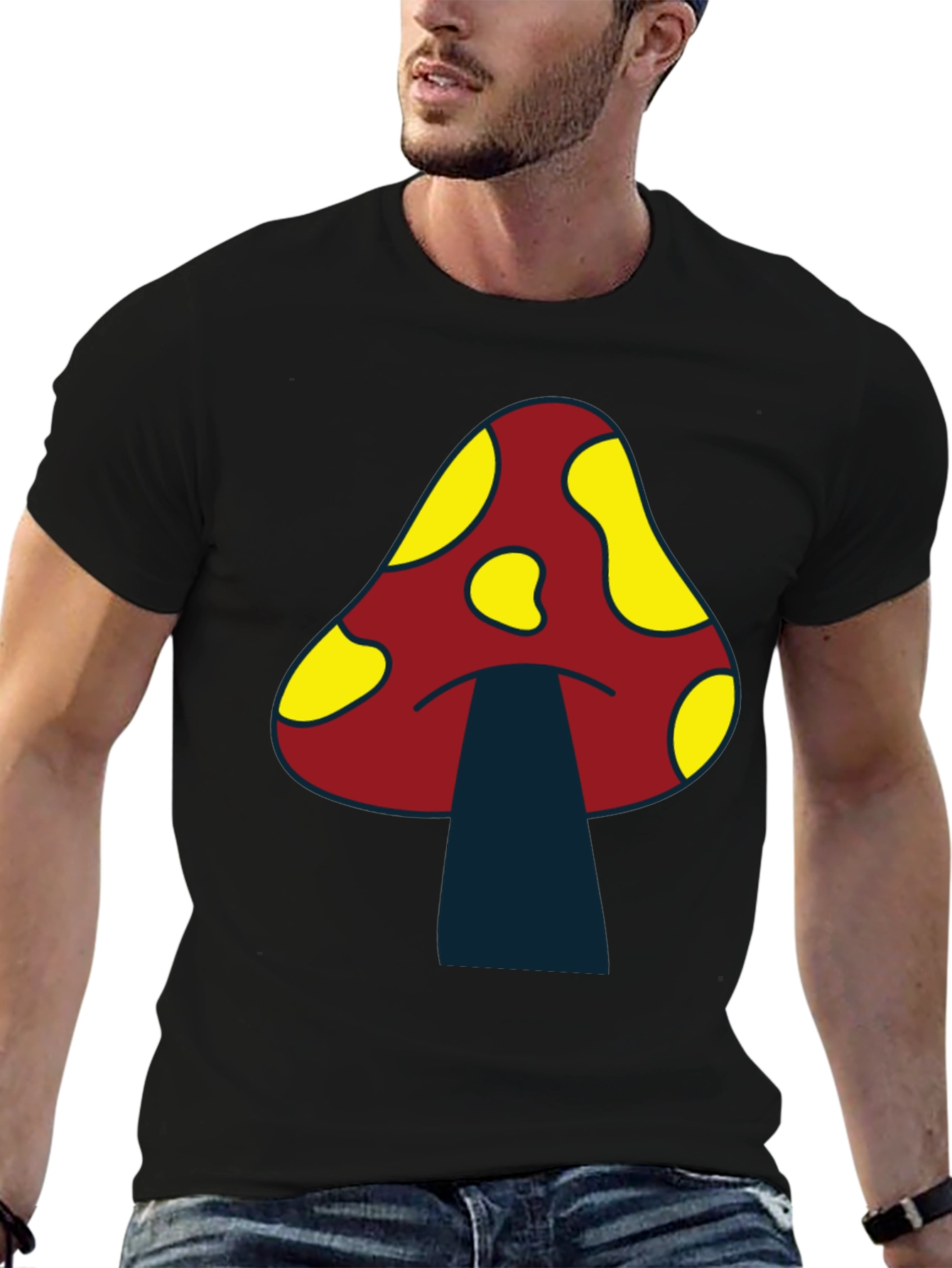 Funky Mushroom Graphic Tee - Black Cotton T-Shirt