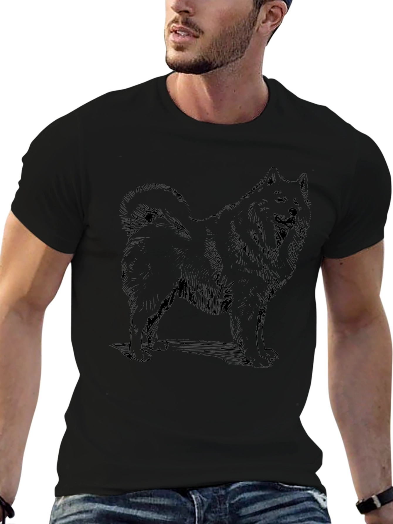Dog Sketch Graphic Tee - Black Cotton Casual Shirt