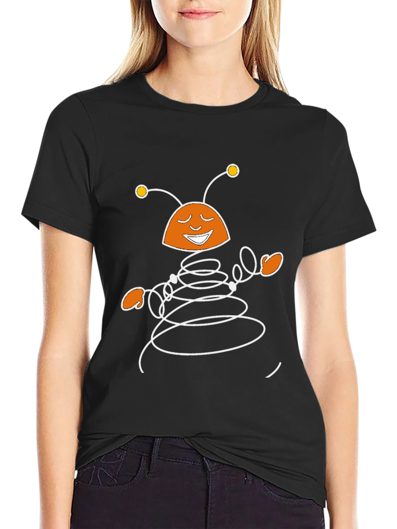 Smiling Cartoon Robot Black T-Shirt