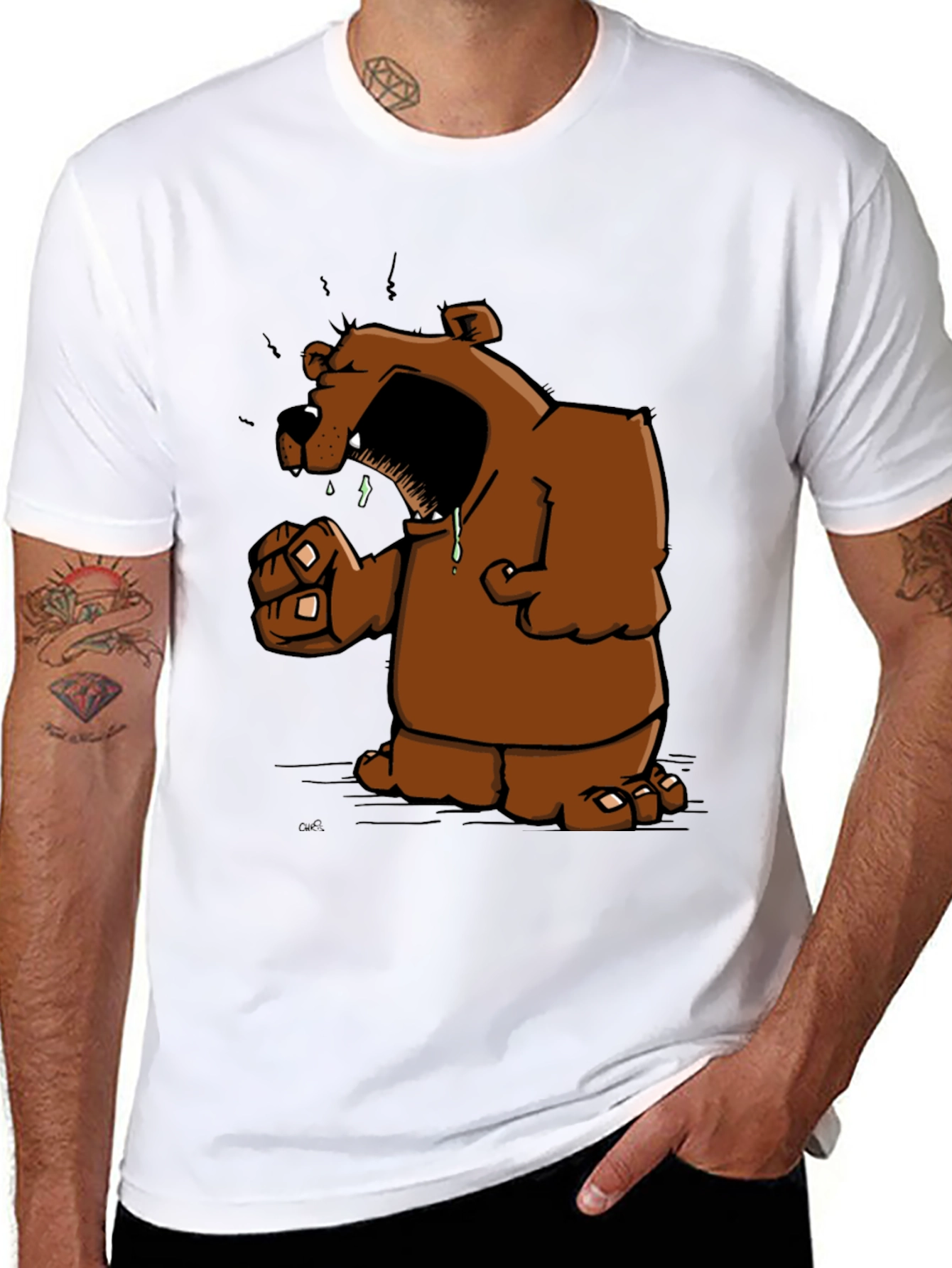 Angry Cartoon Bear Graphic Black T-Shirt