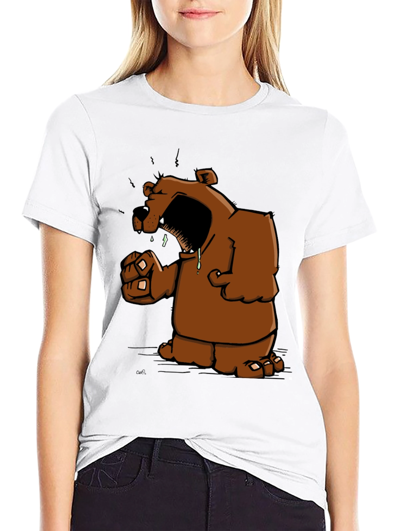 Angry Cartoon Bear Graphic Black T-Shirt