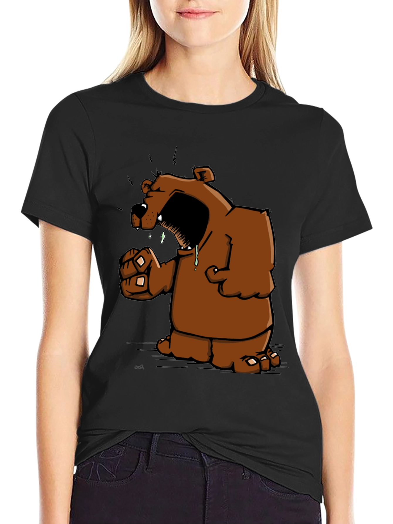 Angry Cartoon Bear Graphic Black T-Shirt