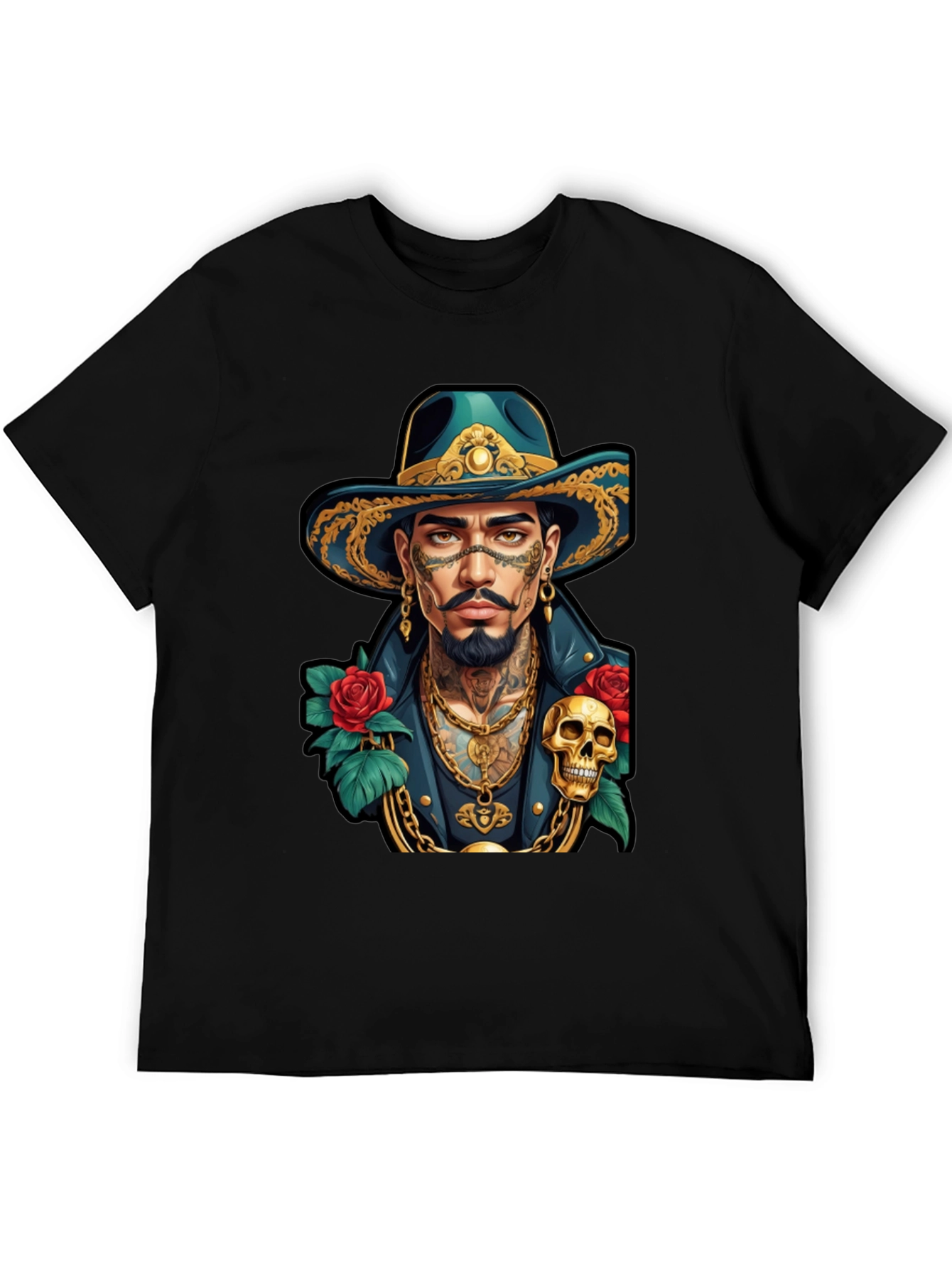 Skull & Roses Cowboy T-Shirt - Tattoo Art Style