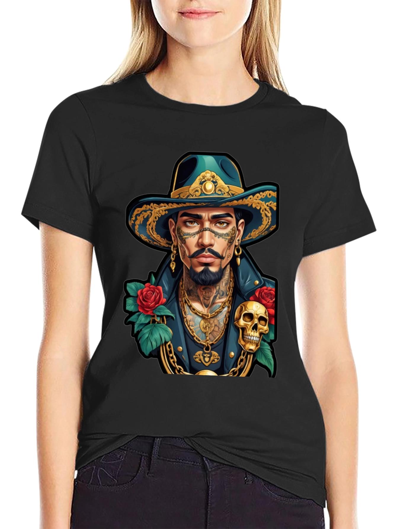 Skull & Roses Cowboy T-Shirt - Tattoo Art Style