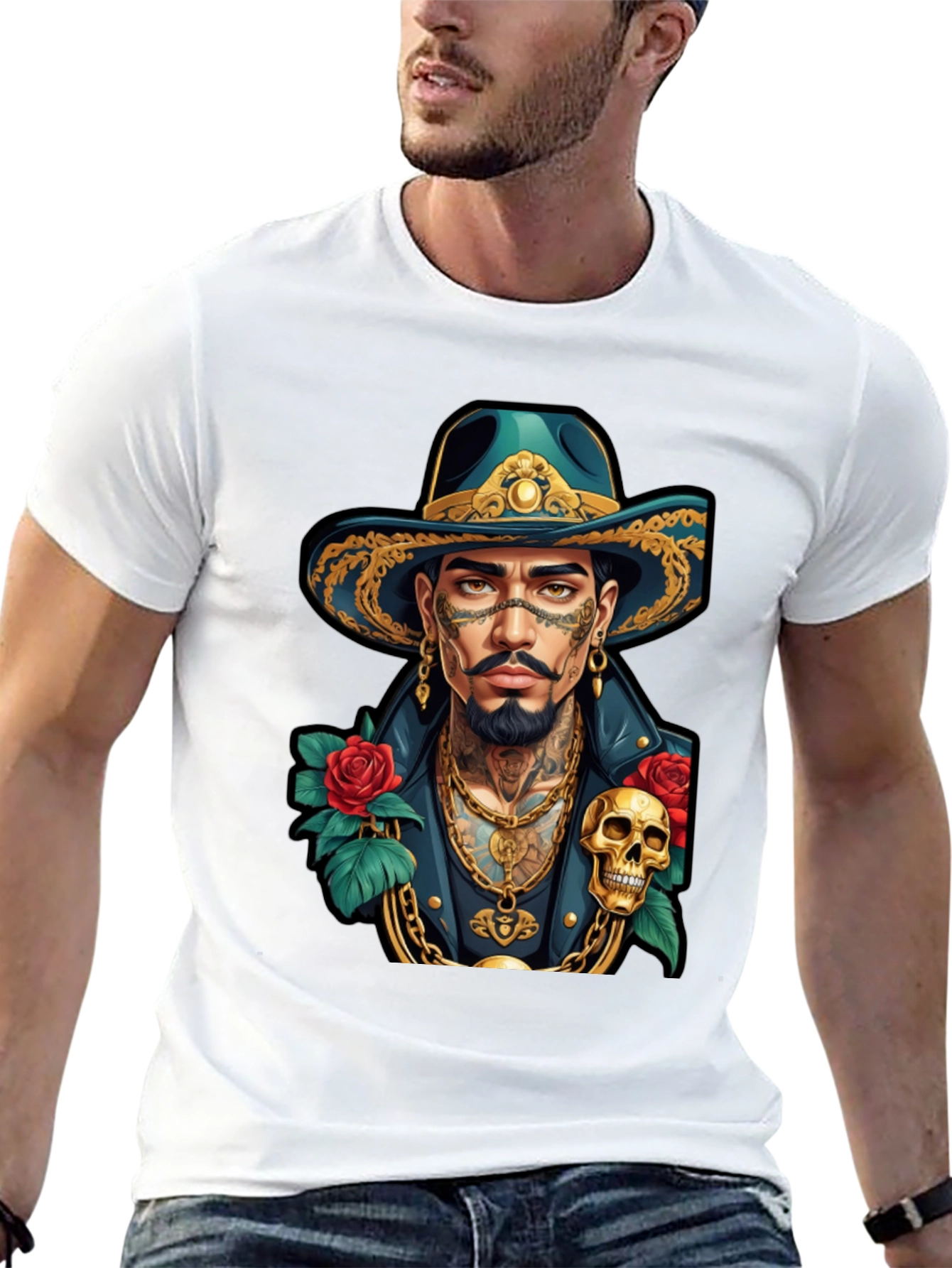 Skull & Roses Cowboy T-Shirt - Tattoo Art Style