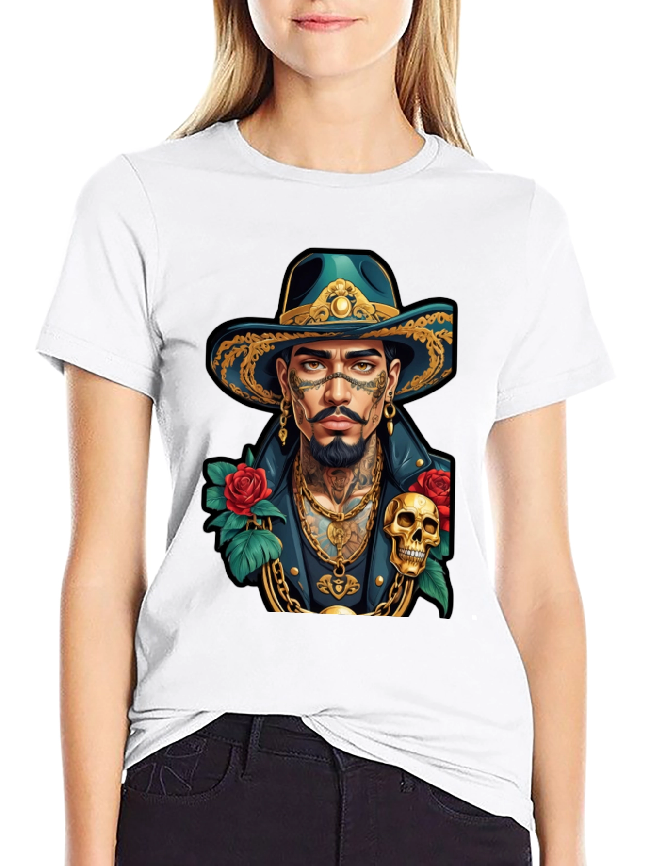 Skull & Roses Cowboy T-Shirt - Tattoo Art Style