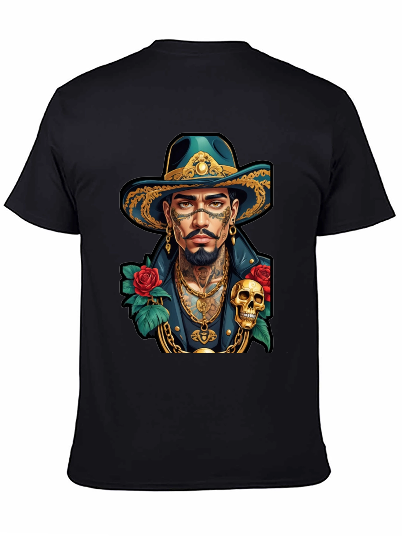 Skull & Roses Cowboy T-Shirt - Tattoo Art Style
