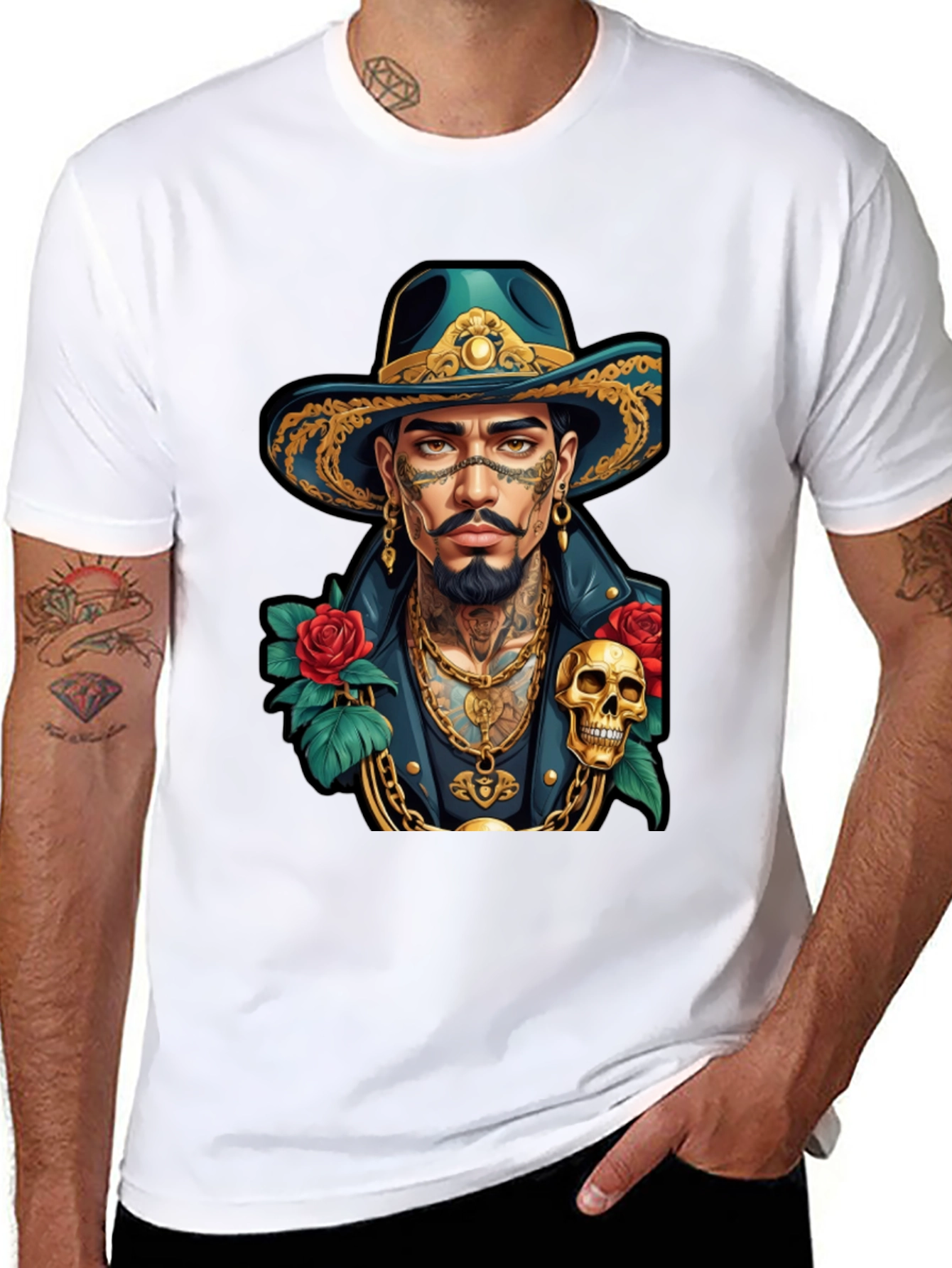Skull & Roses Cowboy T-Shirt - Tattoo Art Style