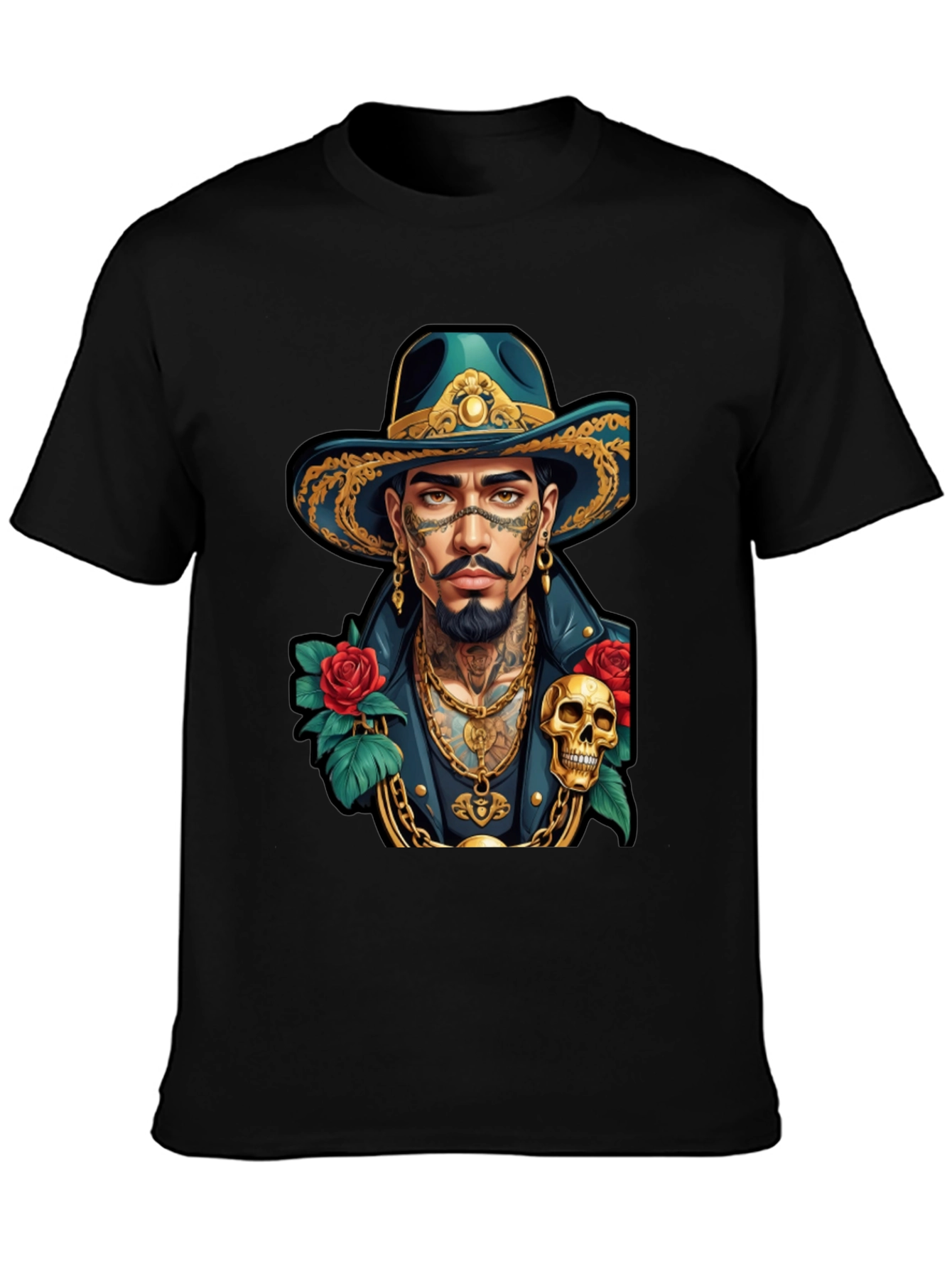 Skull & Roses Cowboy T-Shirt - Tattoo Art Style