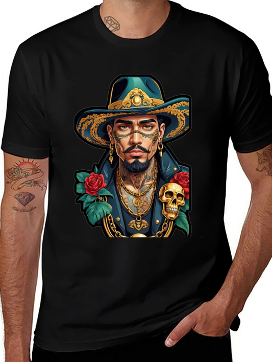 Skull & Roses Cowboy T-Shirt - Tattoo Art Style