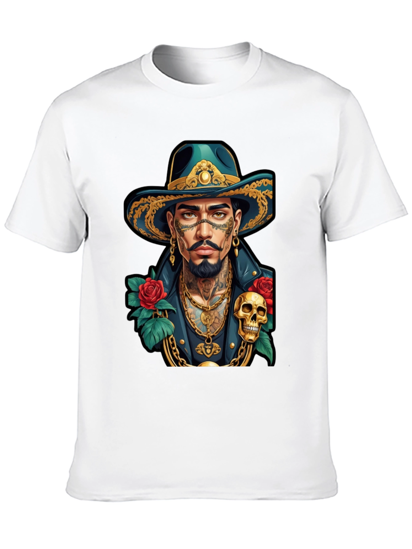 Skull & Roses Cowboy T-Shirt - Tattoo Art Style